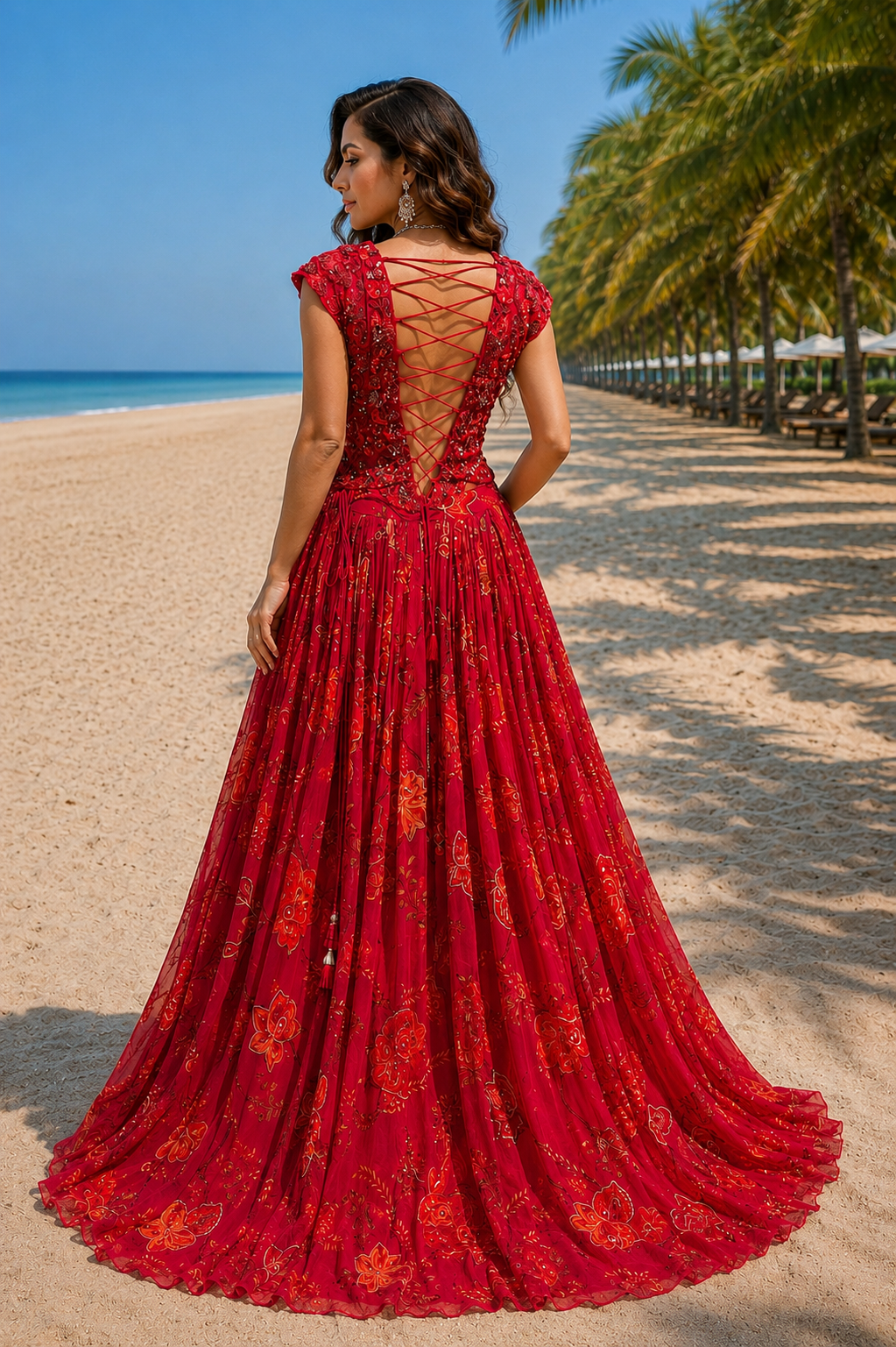 Red embroidered top & RED FLORAL PRINTED Lehenga set with organza printed dupatta