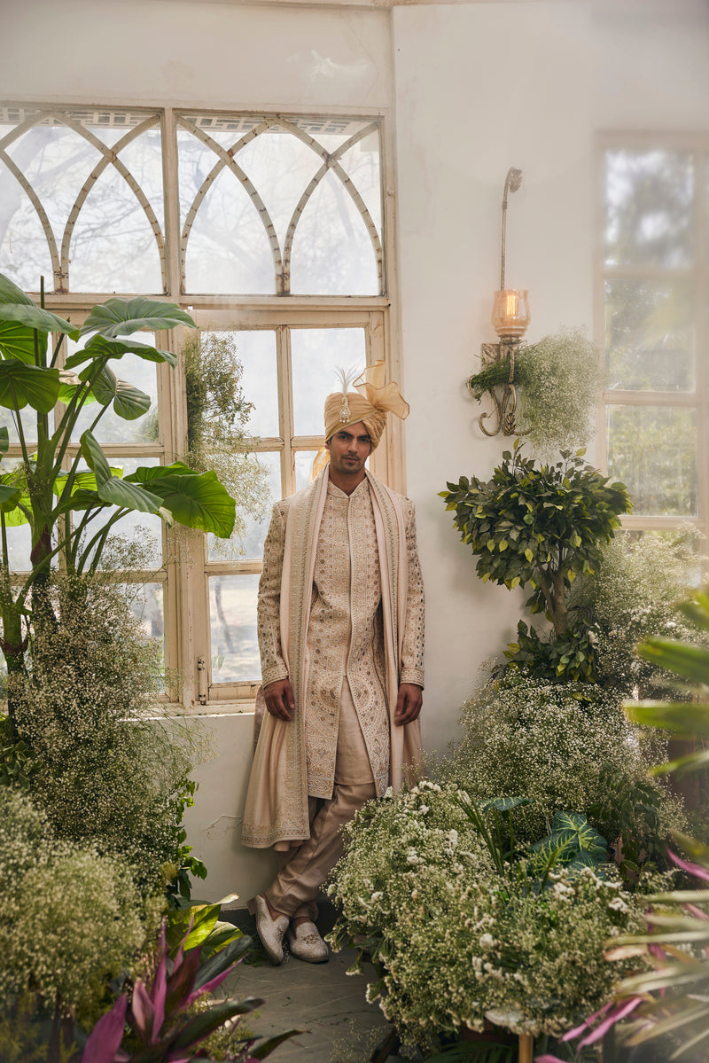 ELEGANT LIGHT GOLD SHERWANI WITH TROUSER AND PALLA
