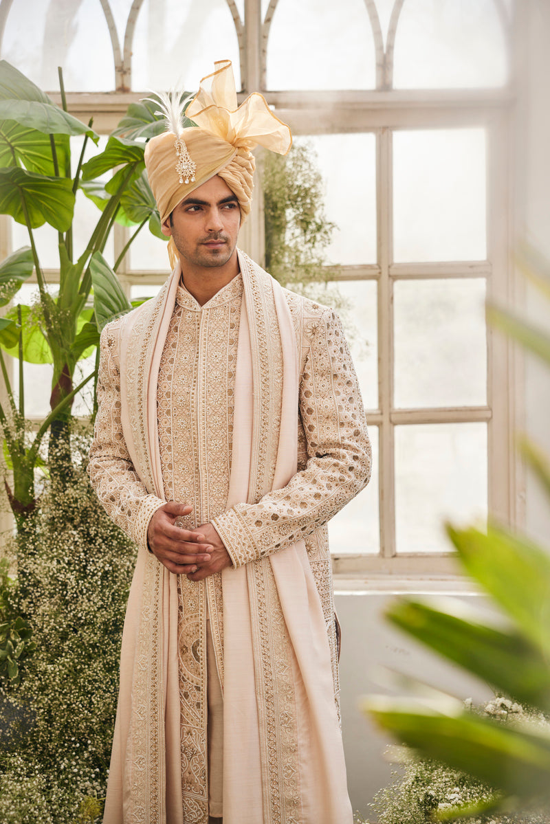 ELEGANT LIGHT GOLD SHERWANI WITH TROUSER AND PALLA