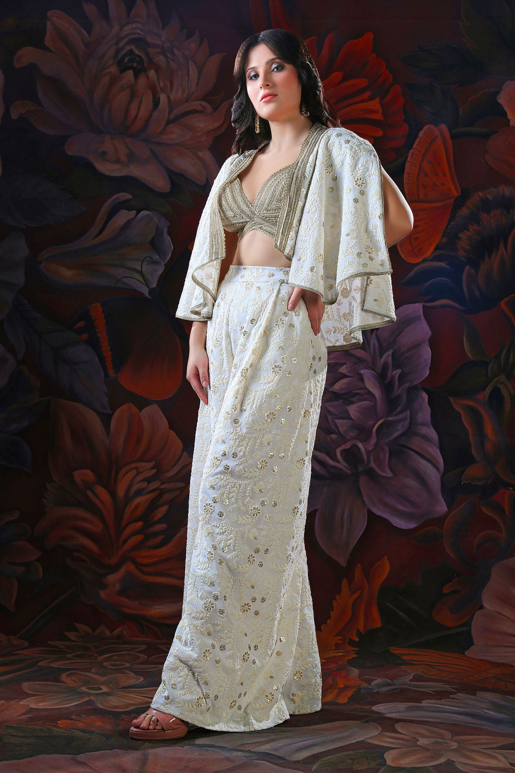 Embroider Top With Chikan Plazo & Short Jkt