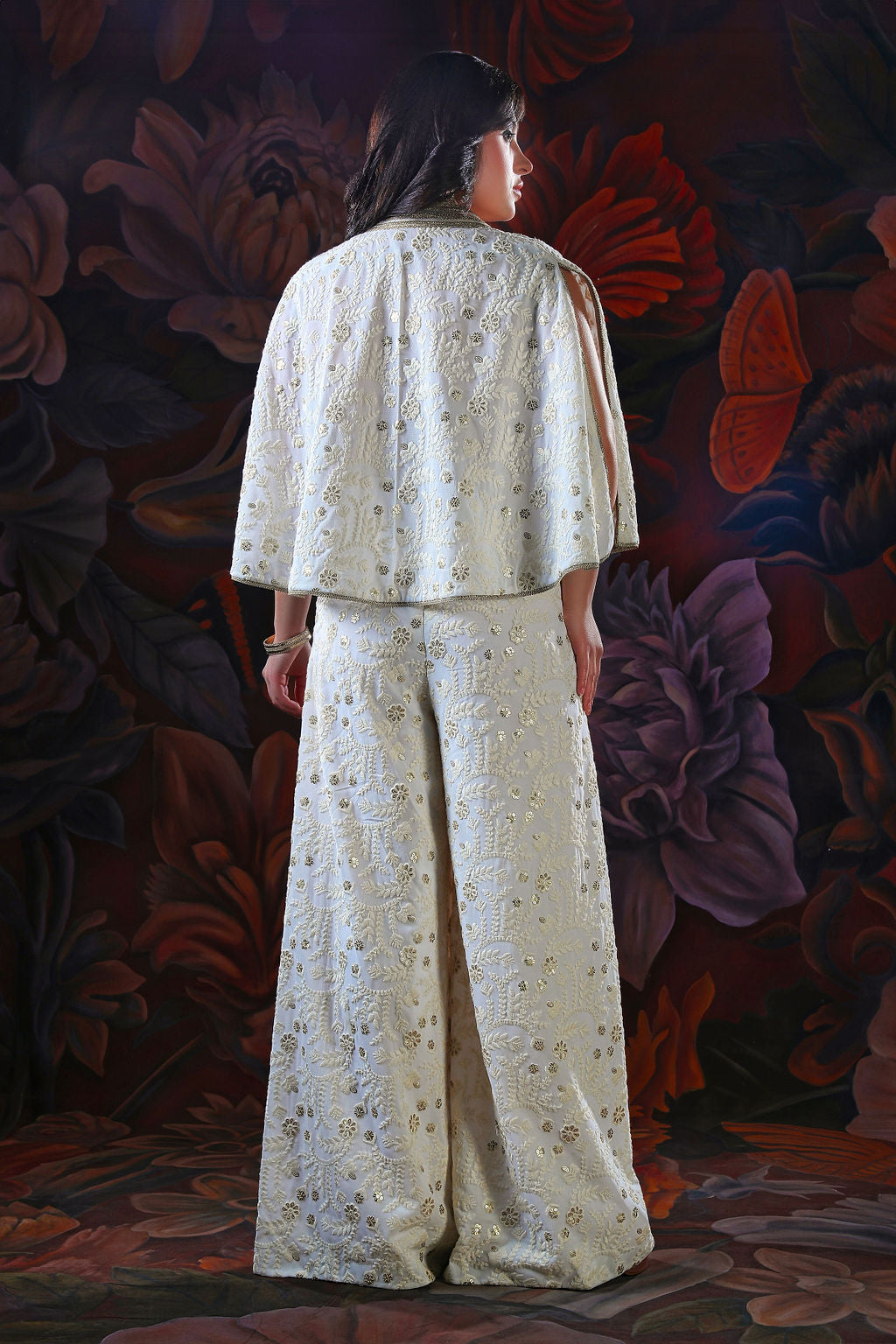 Embroider Top With Chikan Plazo & Short Jkt