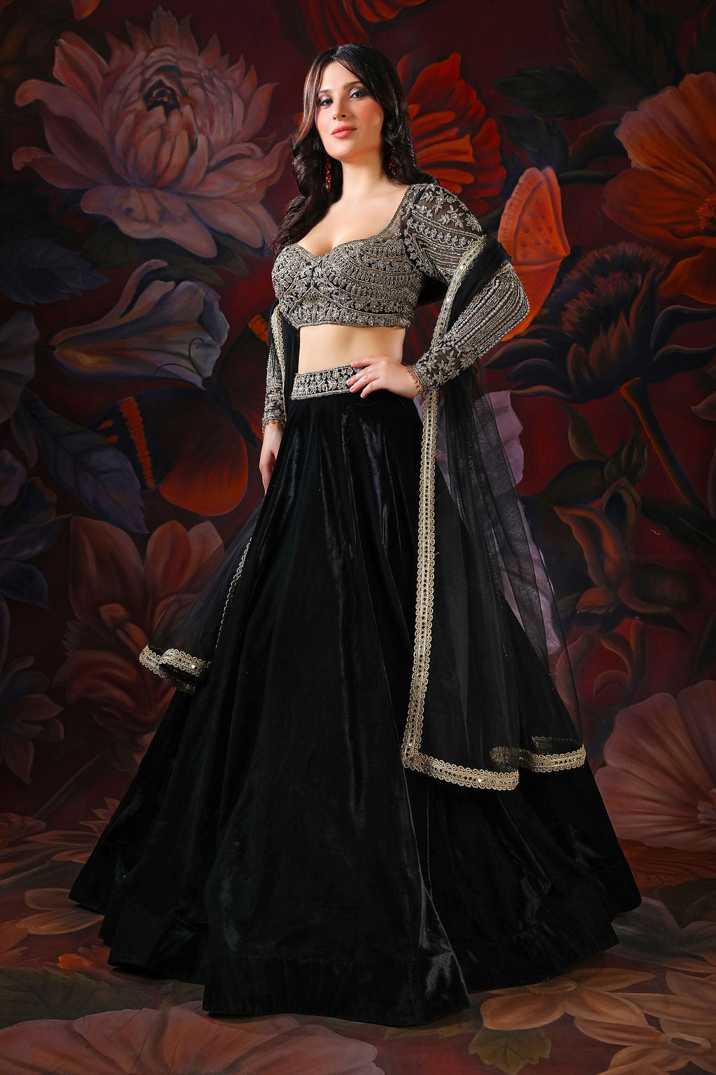 black full sleeves embroidered top with black velvet skirt