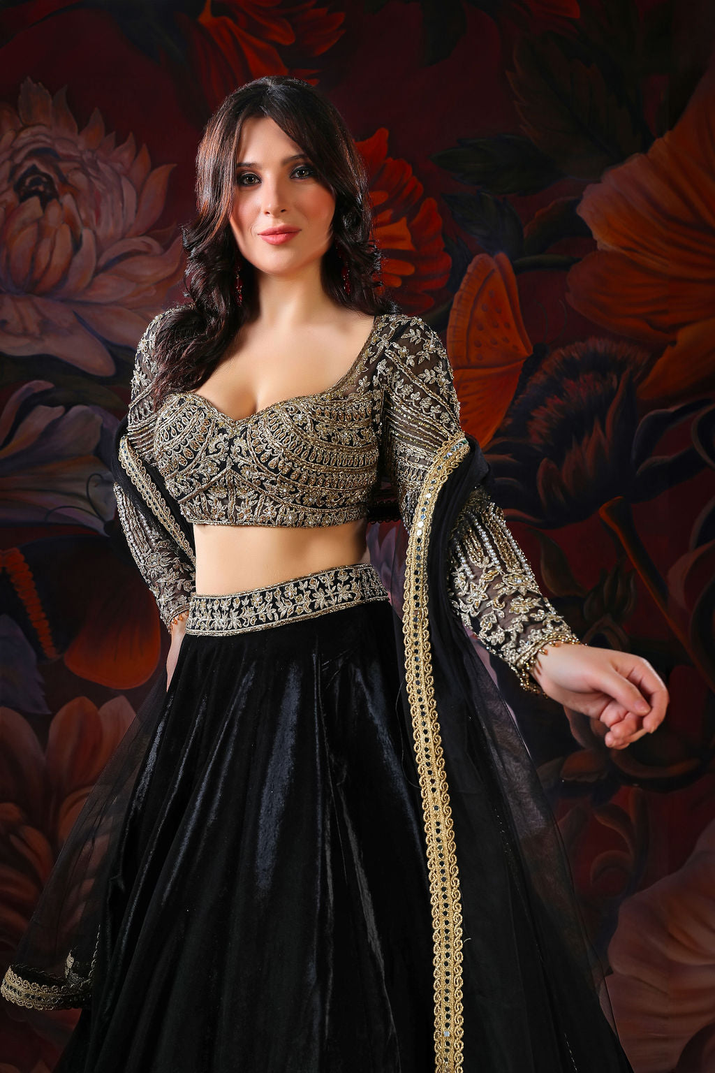 black full sleeves embroidered top with black velvet skirt