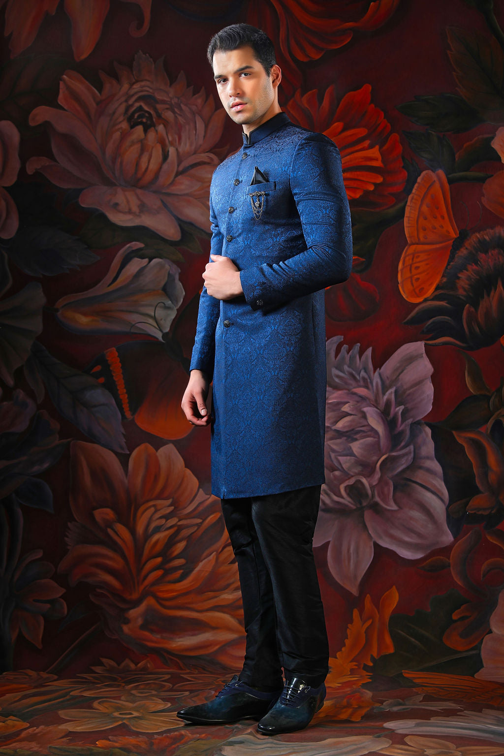 blue embroidered sherwani with churidar