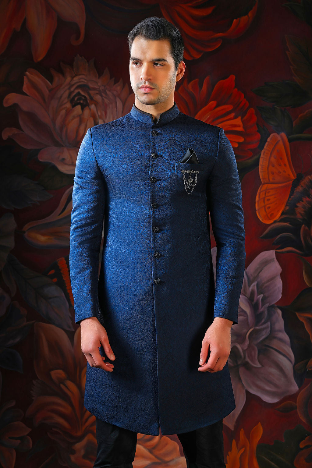 blue embroidered sherwani with churidar