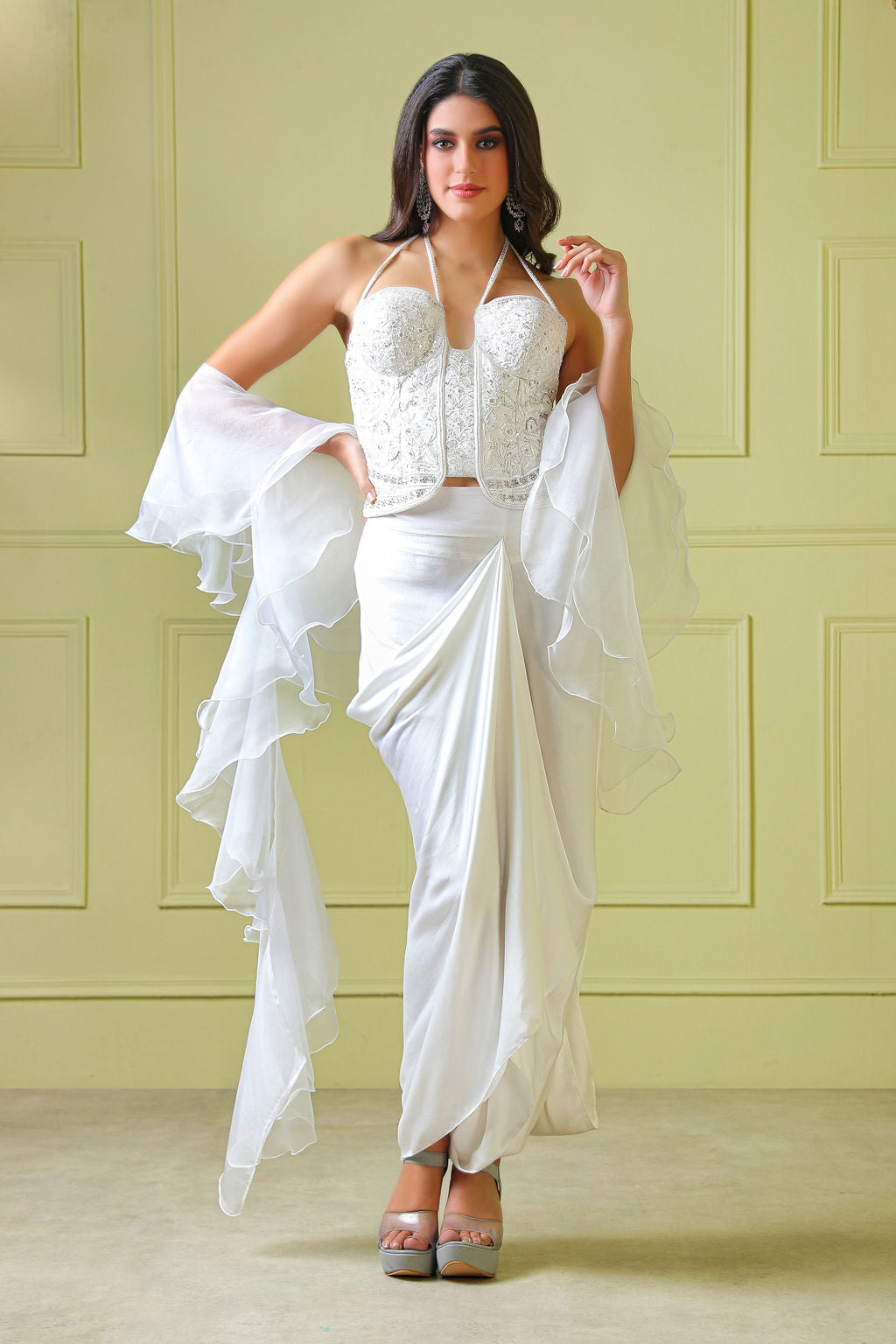 White Pullup Skt with White Embroidery Top & Plan Ruffle Scarf
