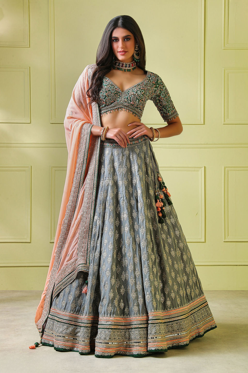 Grey embroidery Lehenga With Green Embroidery Top