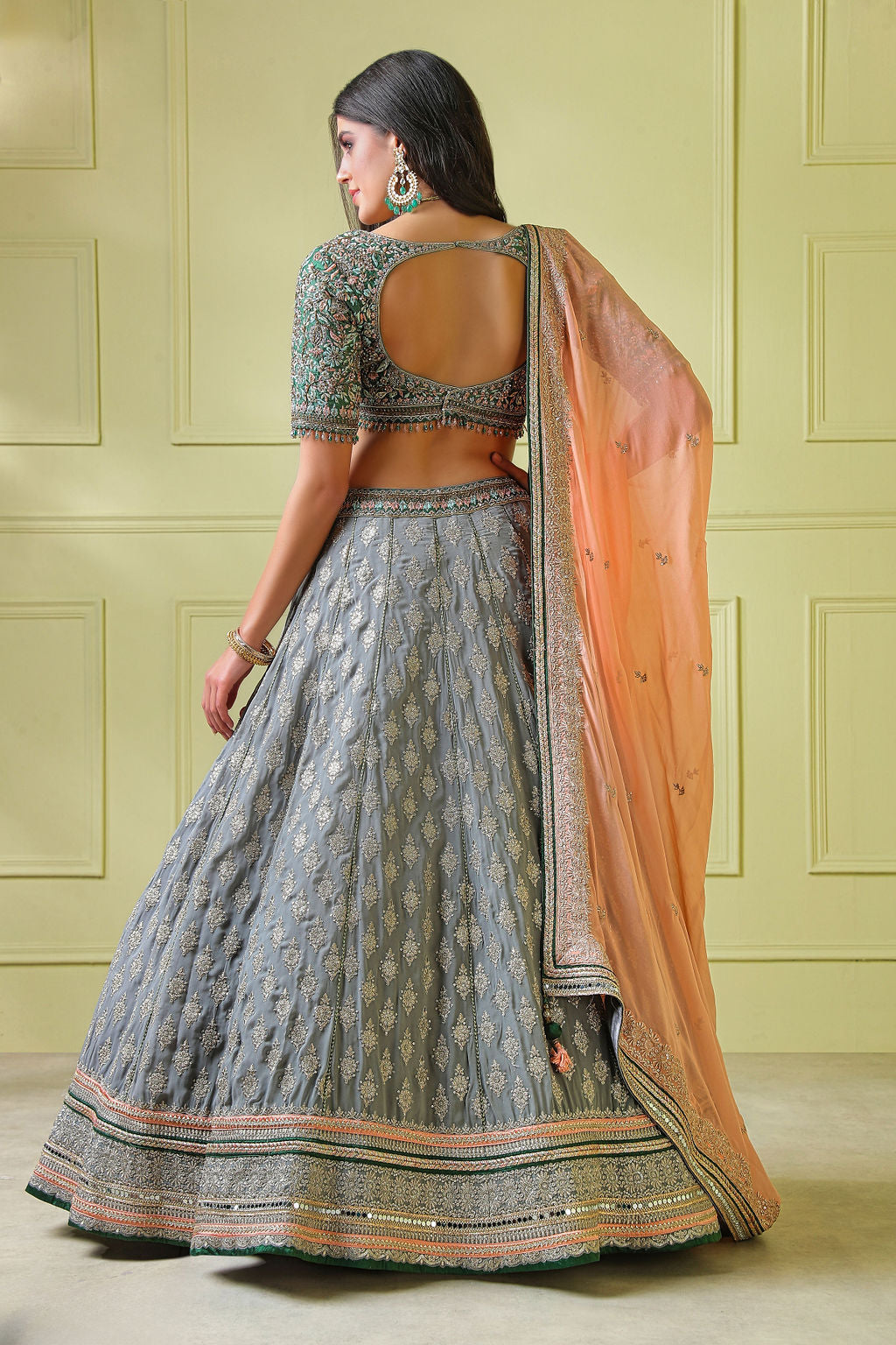 Grey embroidery Lehenga With Green Embroidery Top
