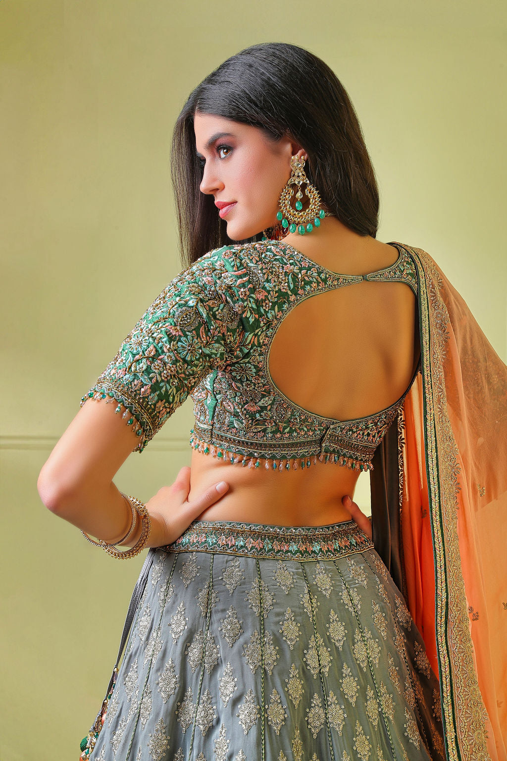 Grey embroidery Lehenga With Green Embroidery Top