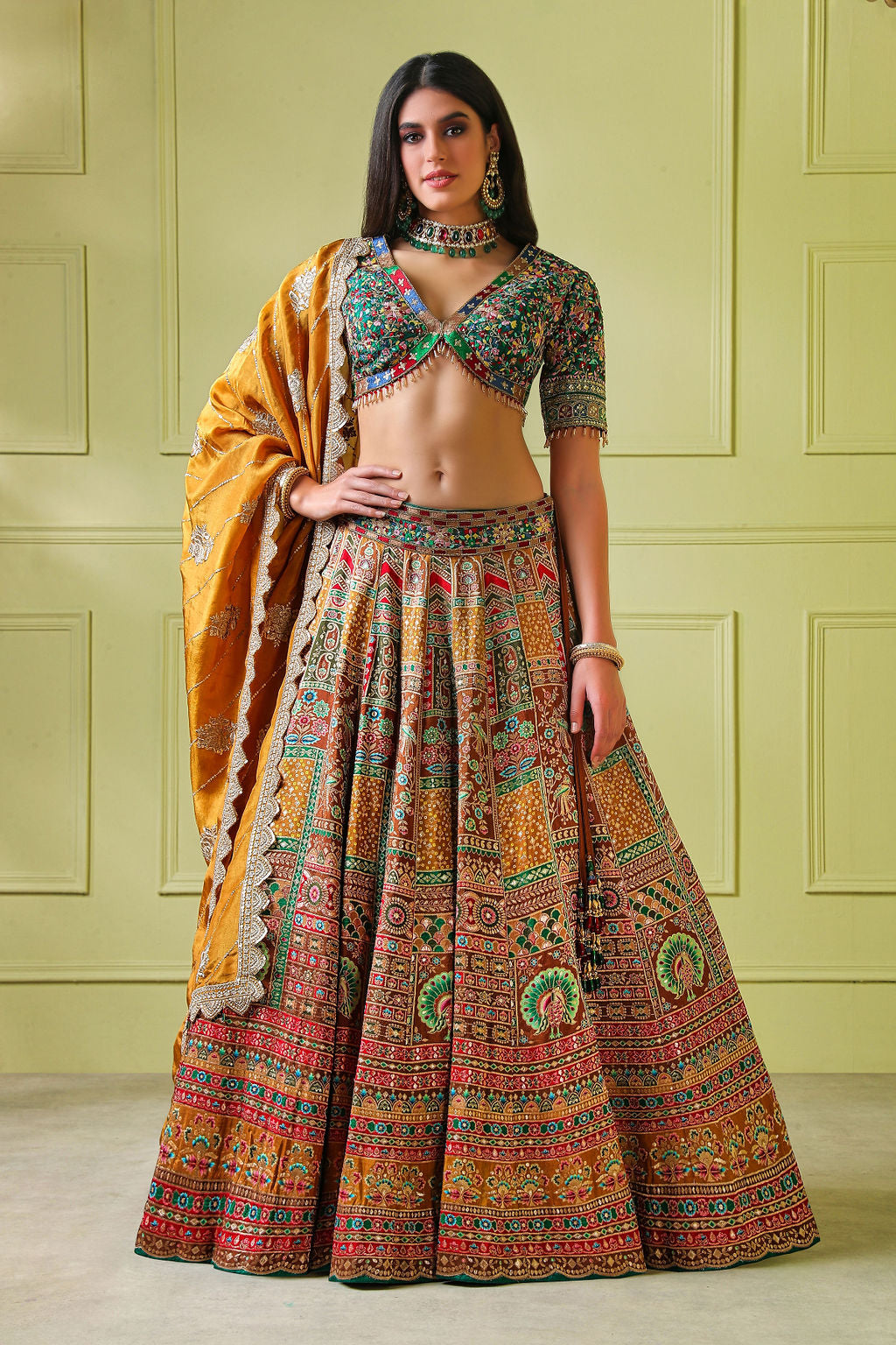 Green Embroidery top with multicolour Lehenga