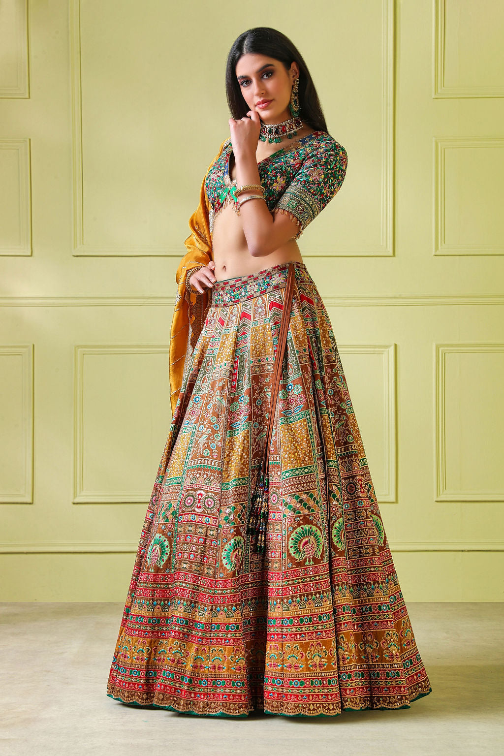 Green Embroidery top with multicolour Lehenga