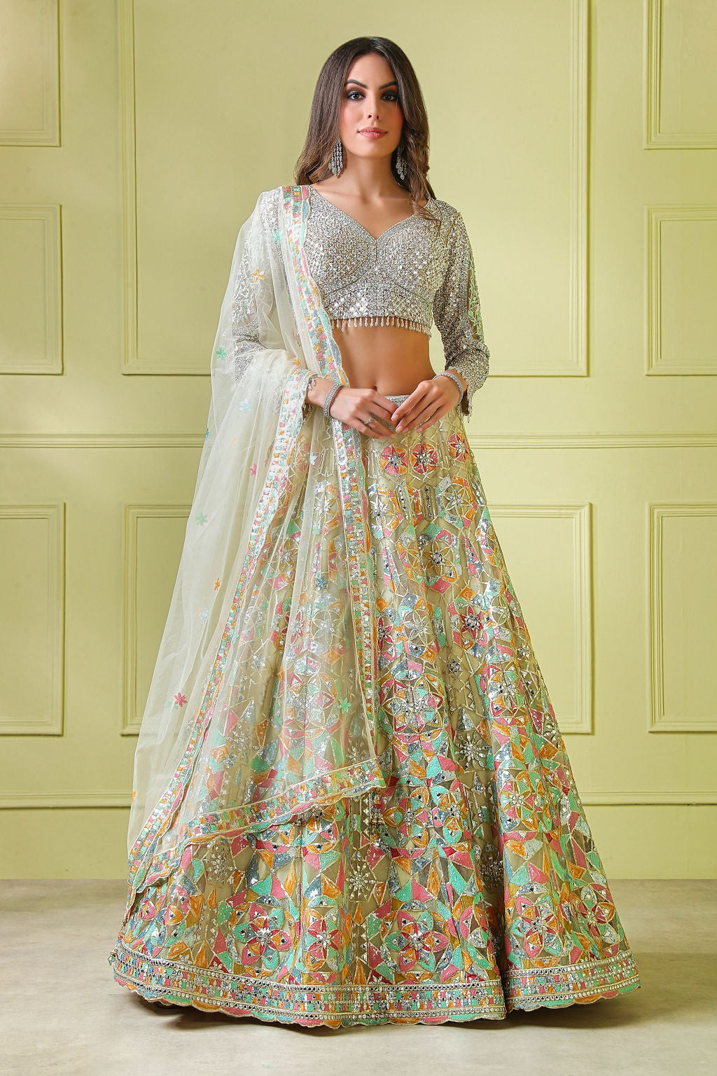 Multicolour Lehenga with Leather patch full sleeves top