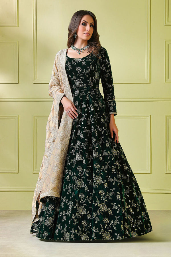 Bottle green embroidery Gown with scarf