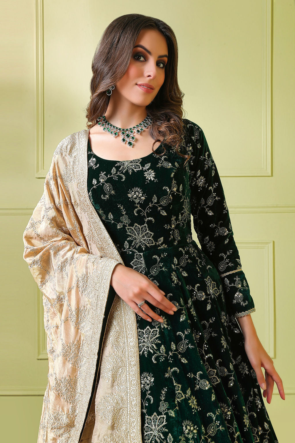 Bottle green embroidery Gown with scarf