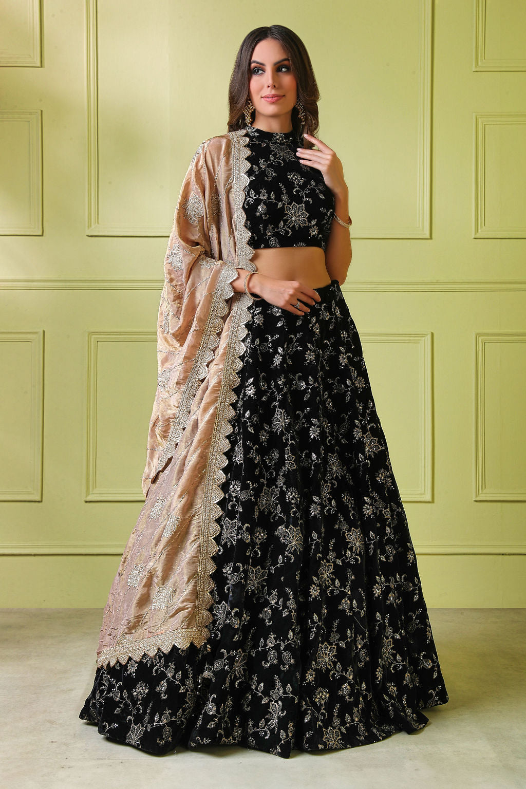 Black embroidery Gown with scarf