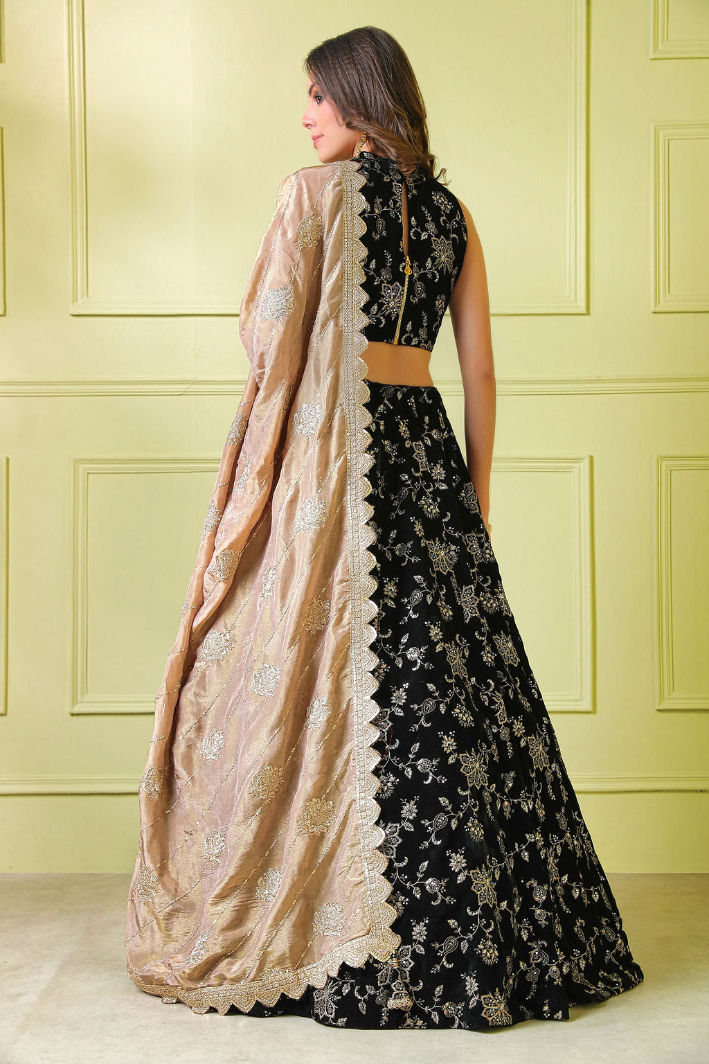 Black embroidery Gown with scarf