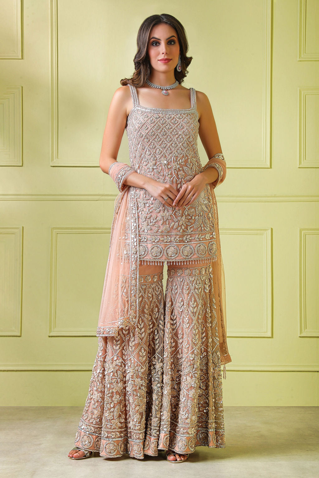 Nude peach hand embroidered Suit with  embroidered sharara