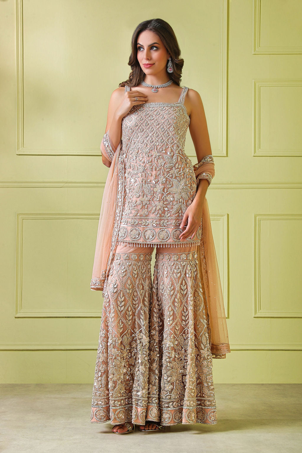 Nude peach hand embroidered Suit with embroidered sharara