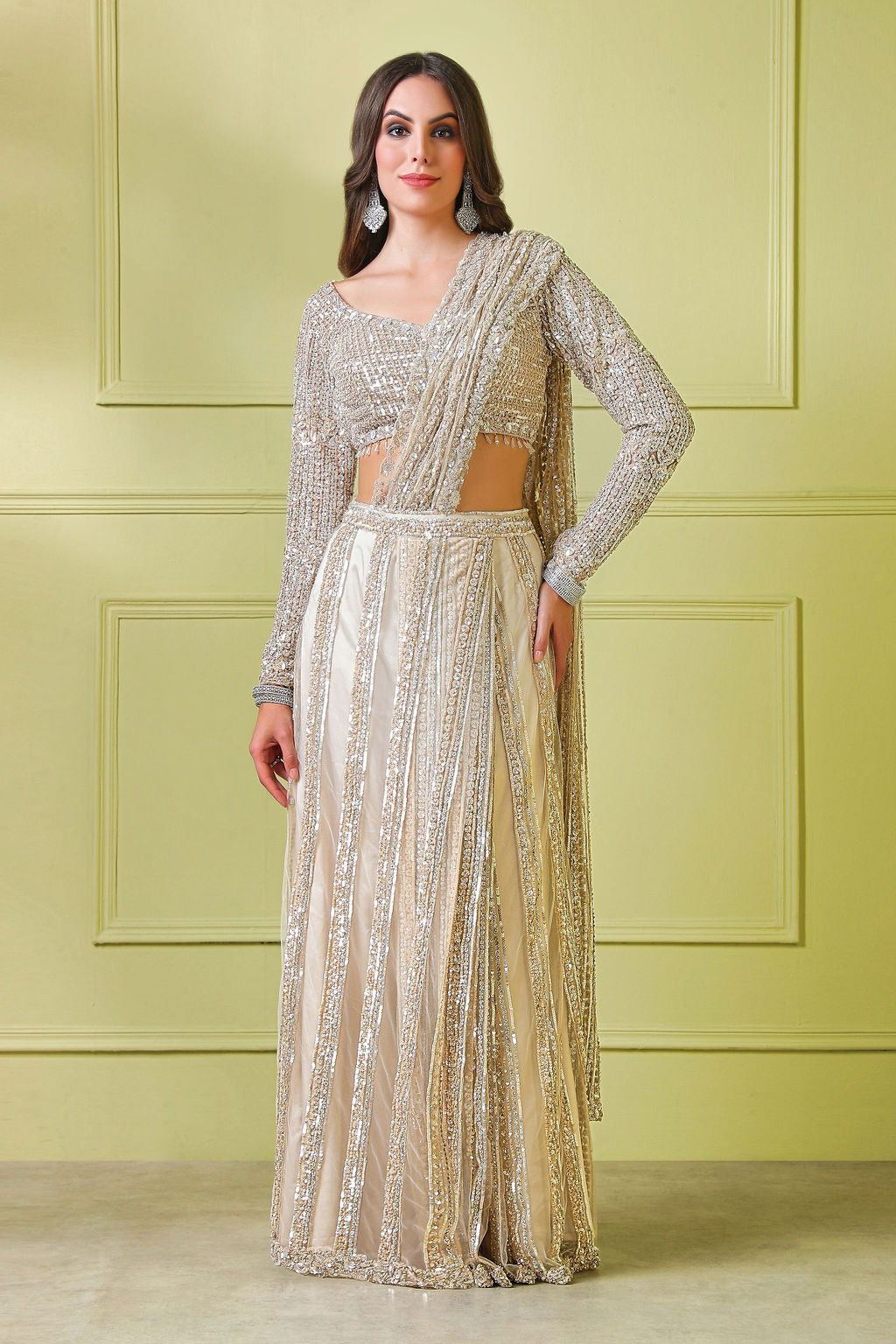 Beige Hand embroidered top and stitched saree