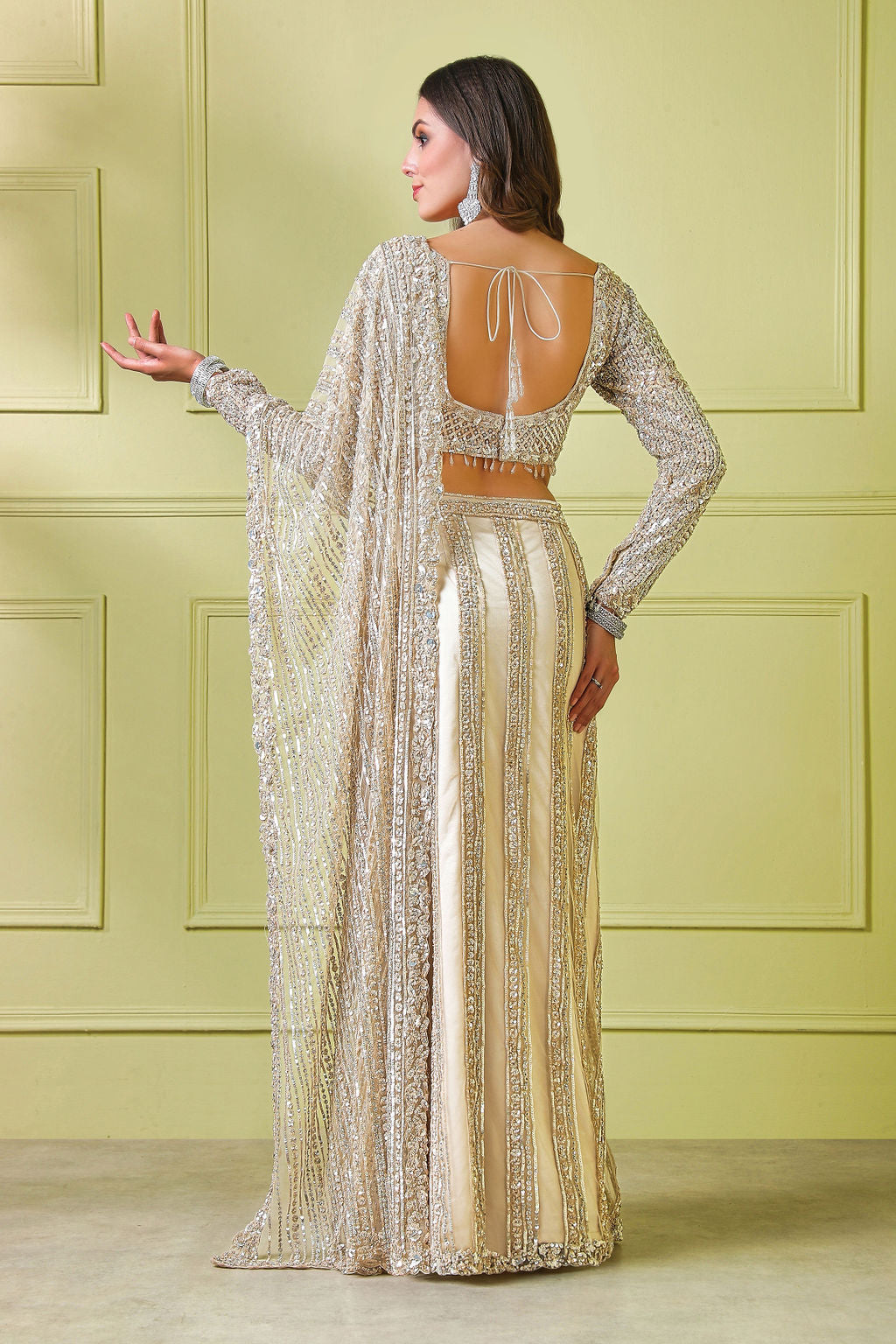 Beige Hand embroidered top and stitched saree