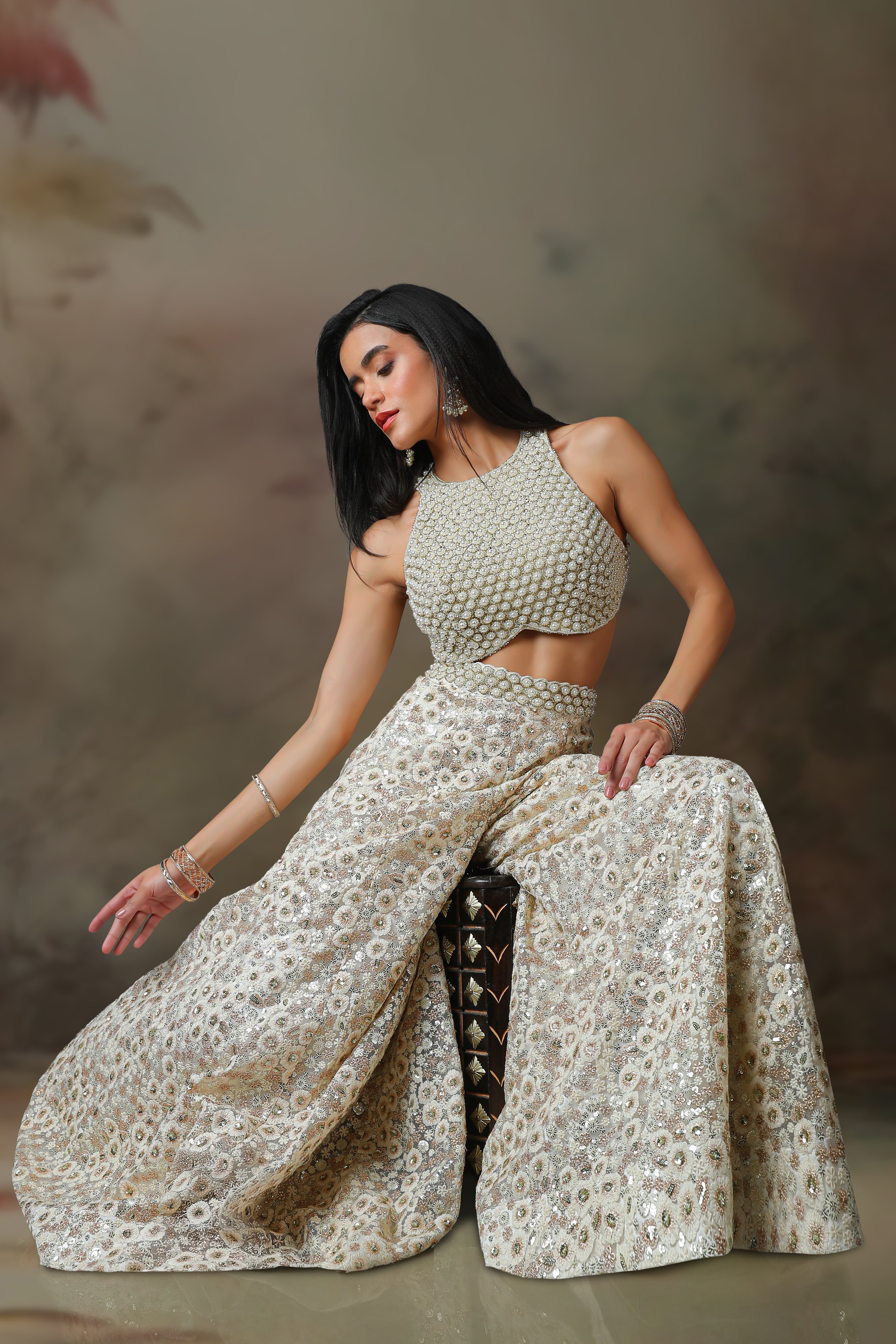 IVORY PEARL TOP WITH IVORY SHARARA