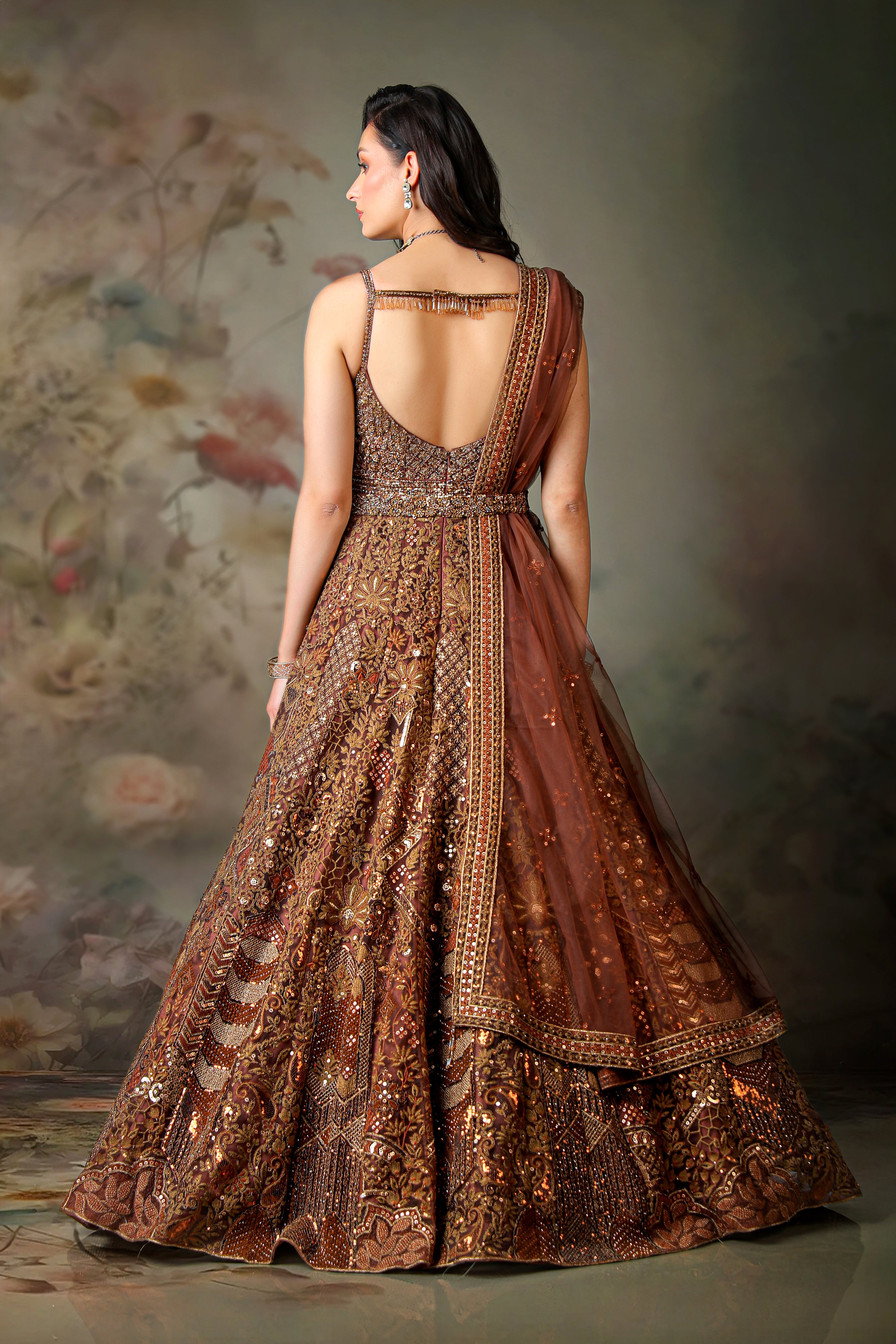 BROWN EMB KALI GOWN WITH BELT