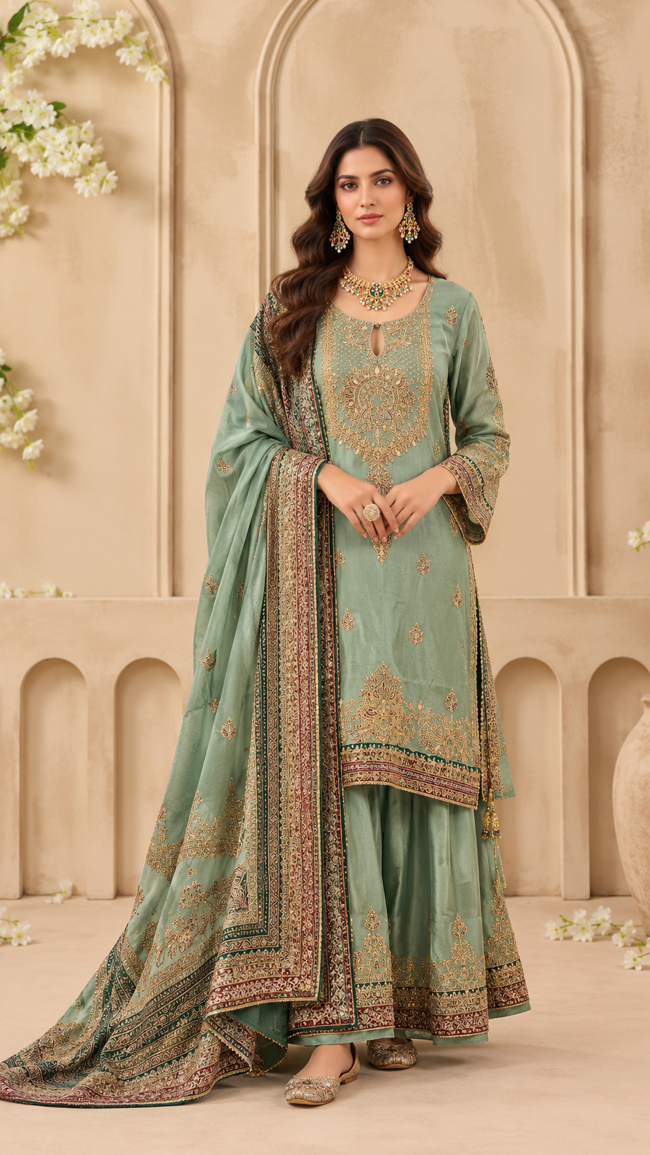 Mint Embroidered Sharara Set
