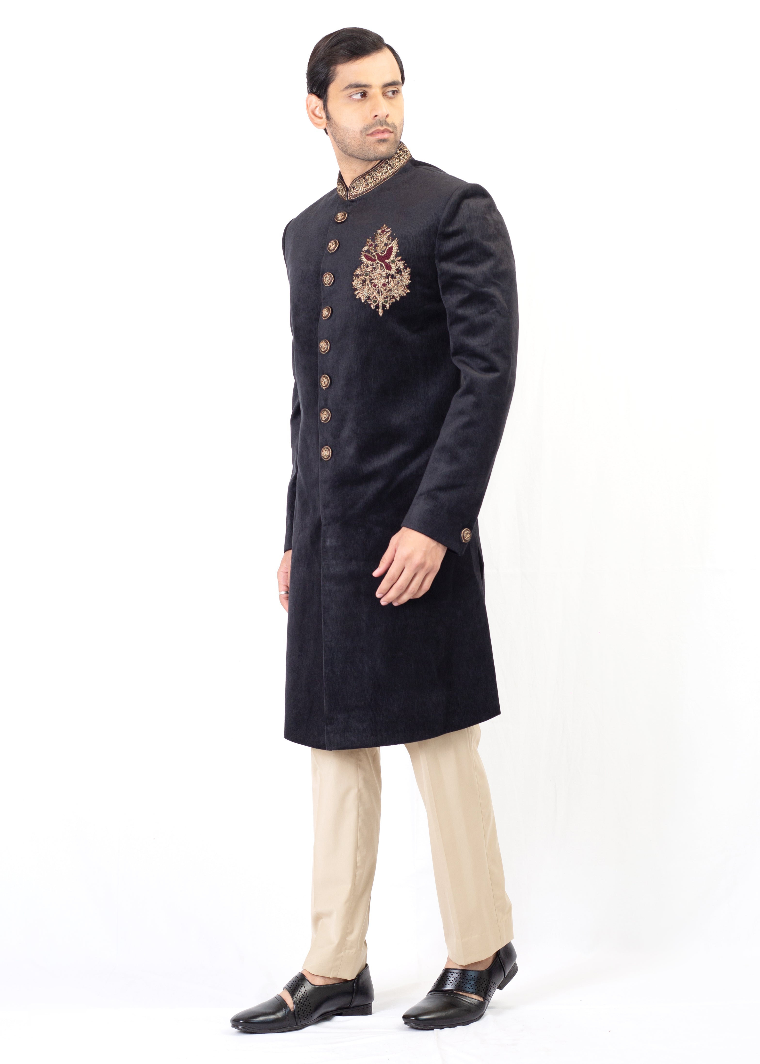 BLACK KURTA SHERWANI WITH LIGHT GOLD TROUSER & STOLE