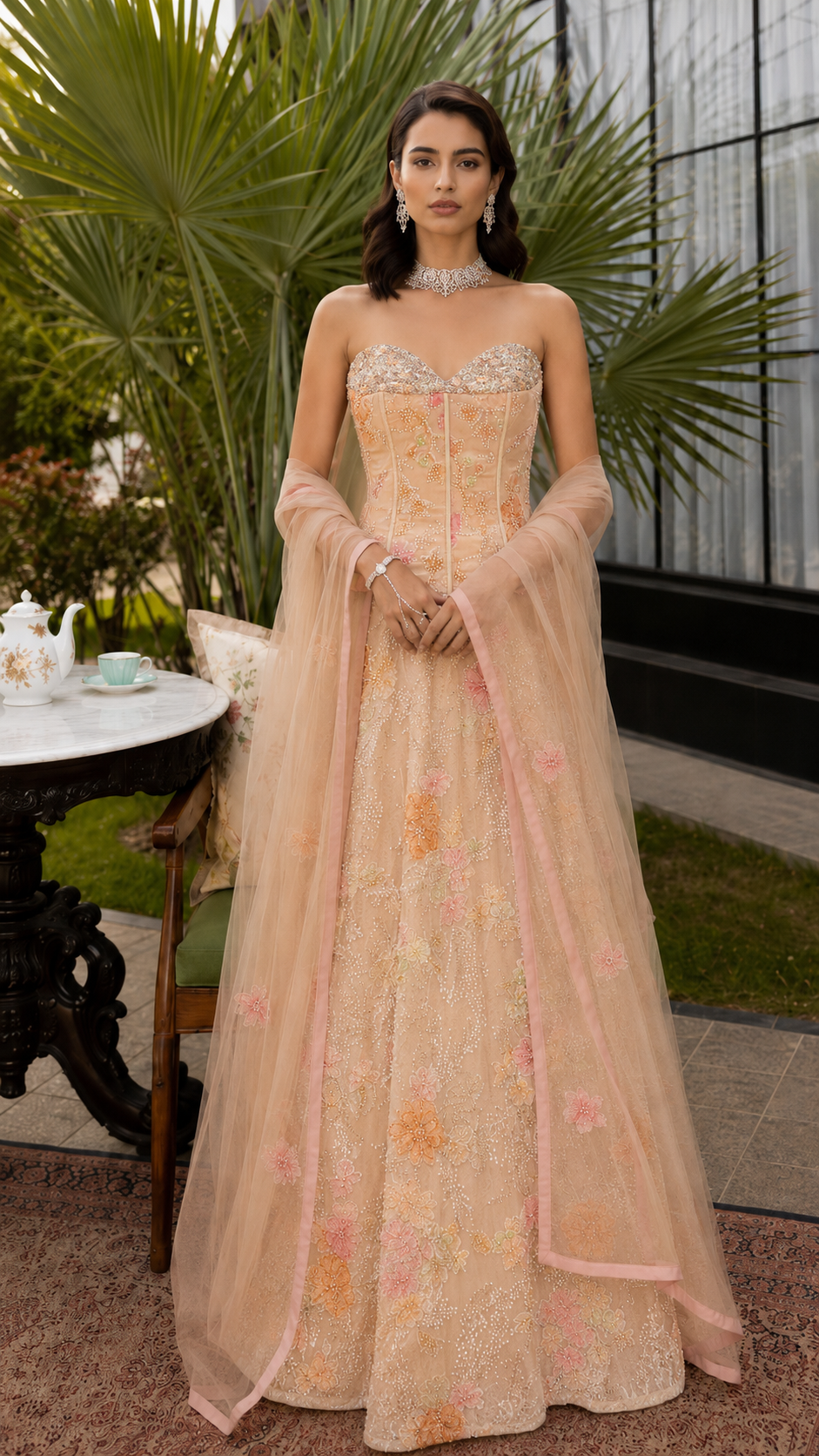 Peach Royale Printed Corset Lehenga with Dupatta