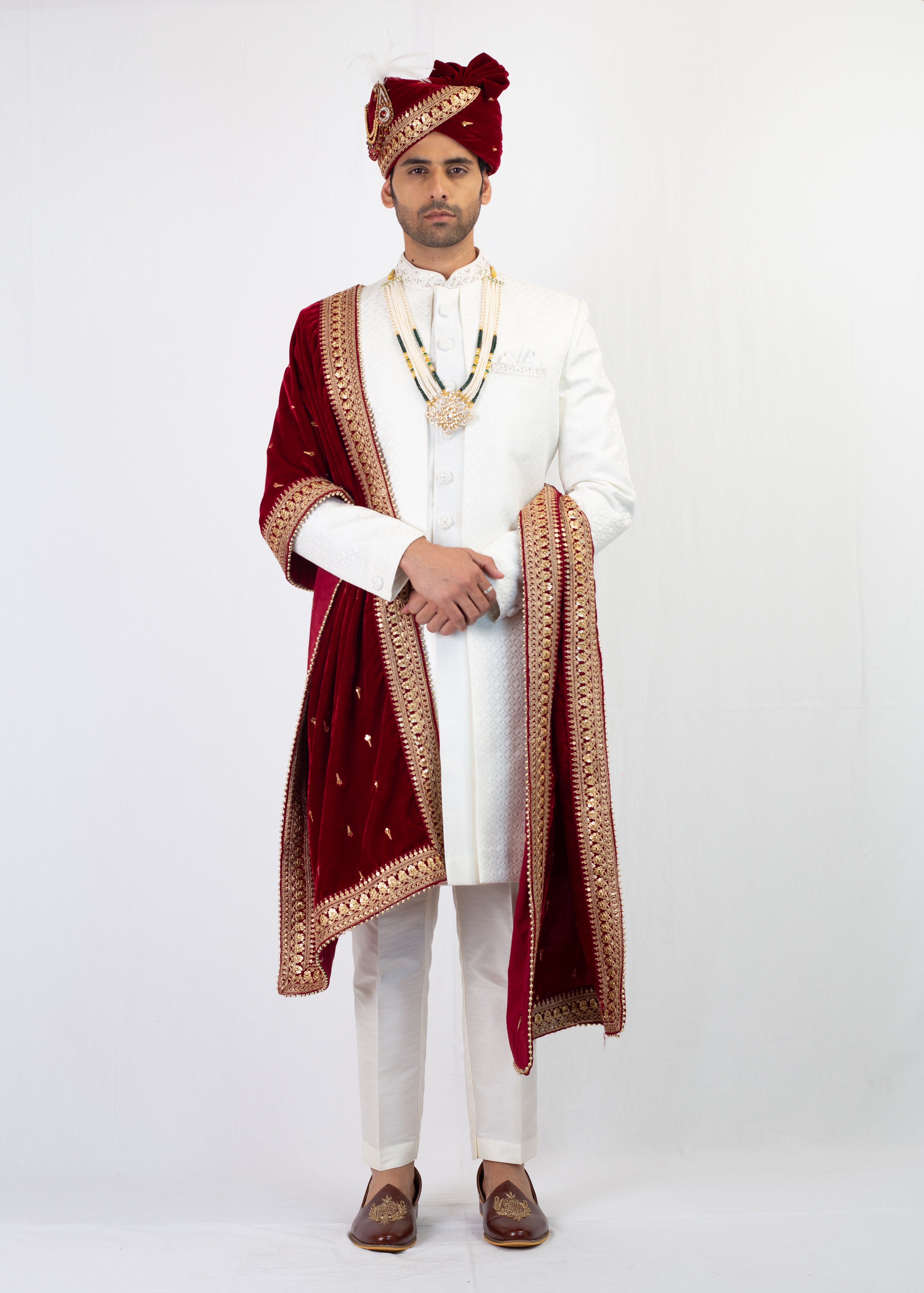WHITE EMBROIDERY SHERWANI WITH TROUSER