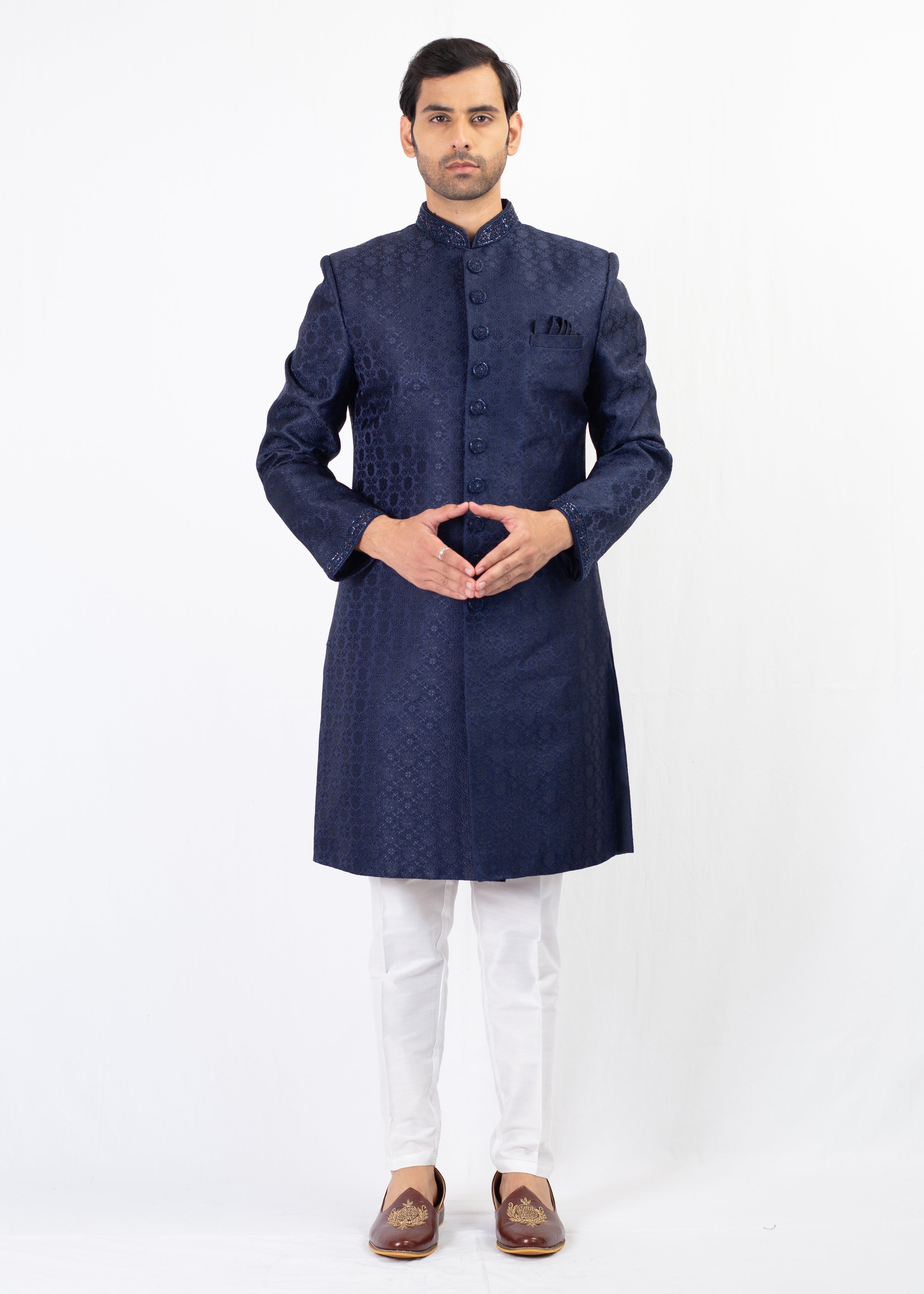 NAVY BLUE EMBROIDERY SHERWANI WITH WHITE TROUSER