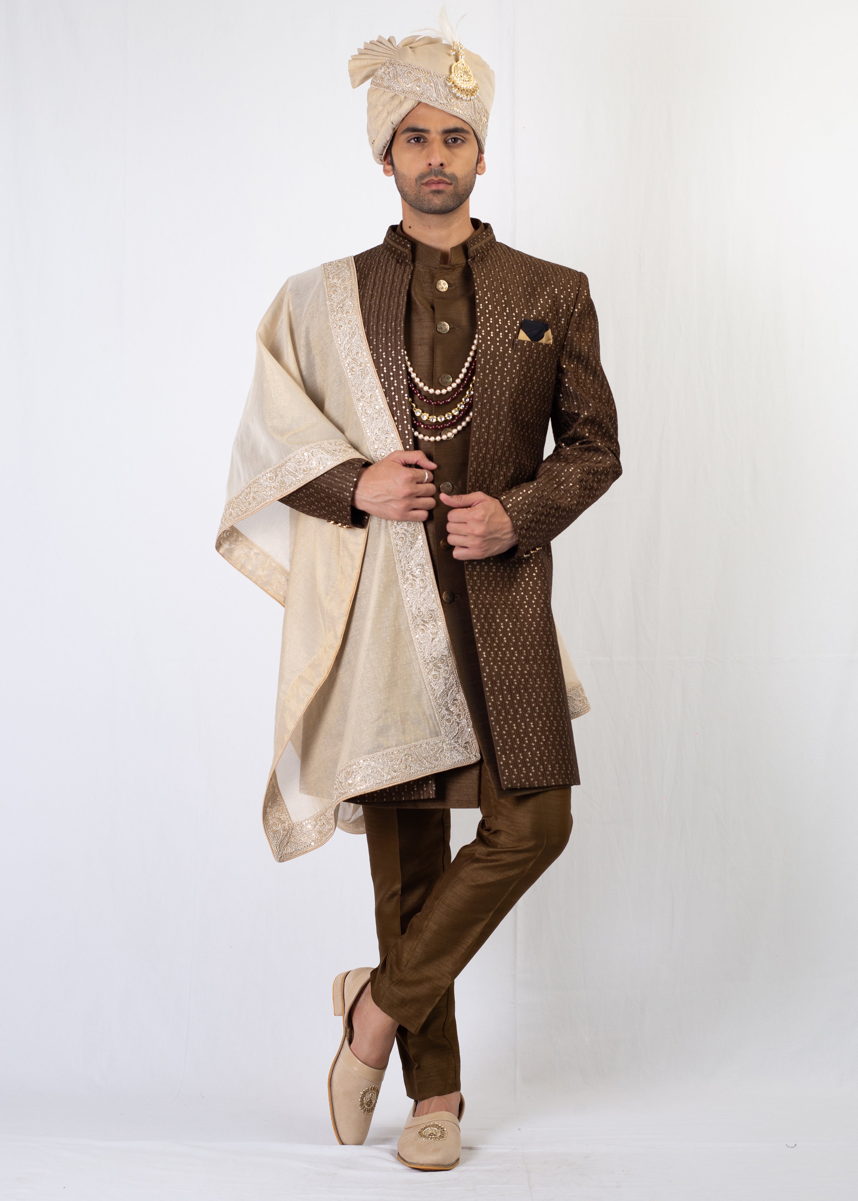 MEHENDI GREEN EMBROIDERY SHERWANI AND KURTA WITH TROUSER