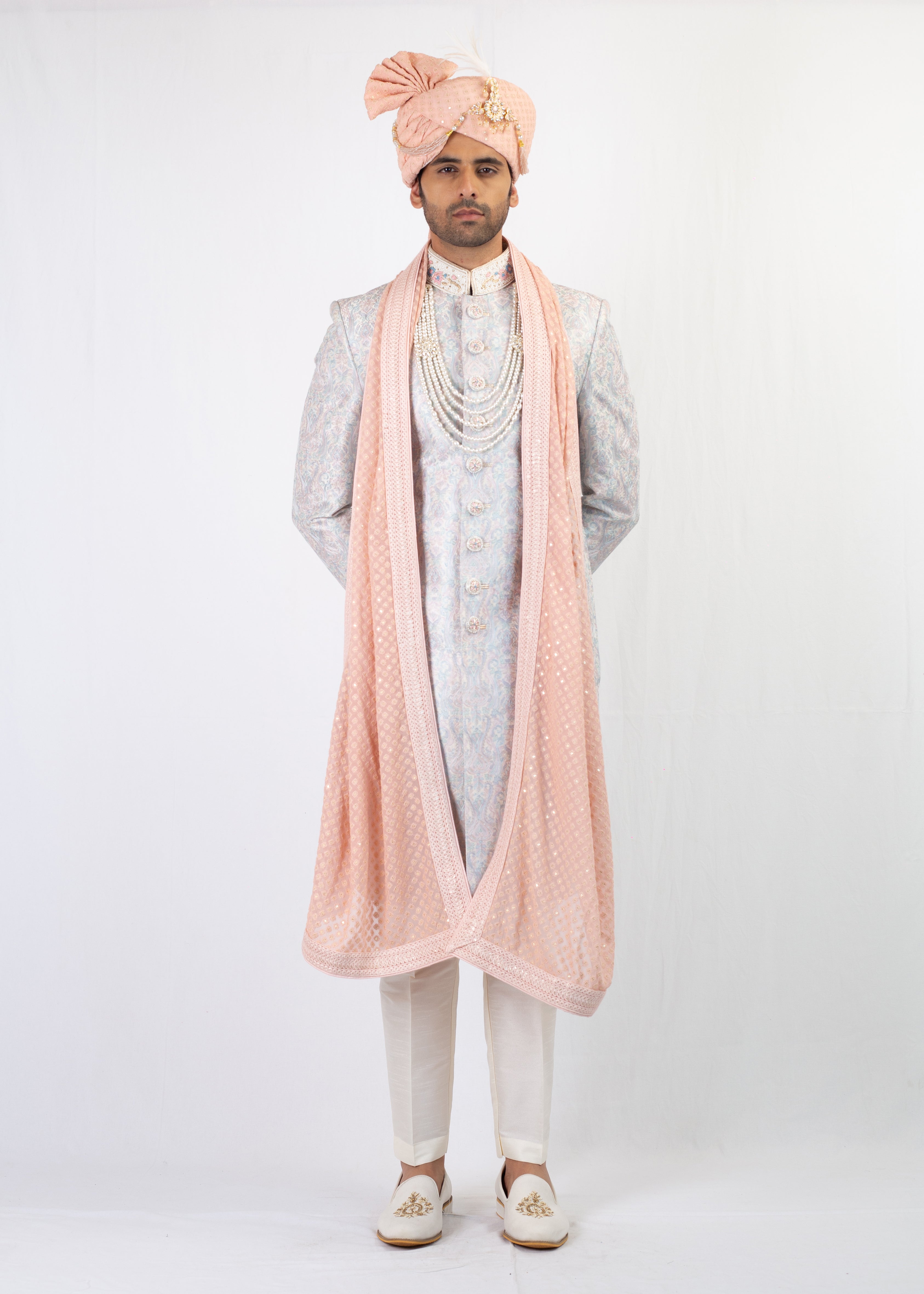 LIGHT GREY EMBROIDERY SHERWANI WITH TROUSER