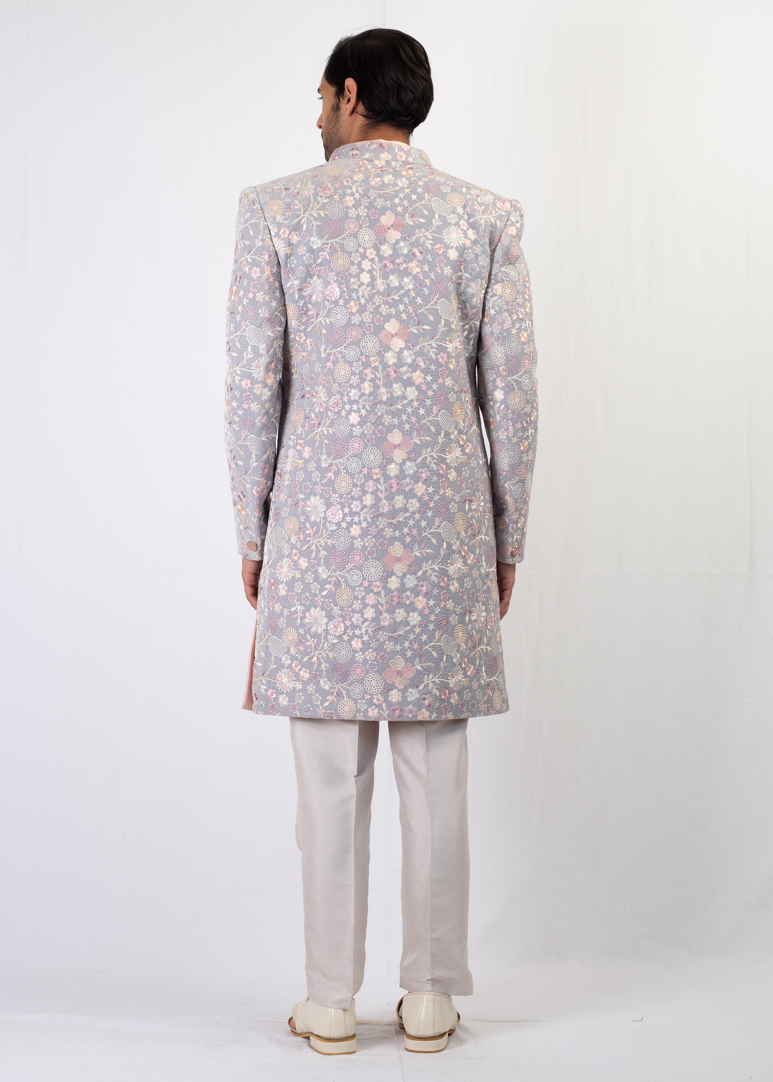 ELEGANT GREY AND PEACH EMBROIDERY SHERWANI AND KURTA WITH TROUSER