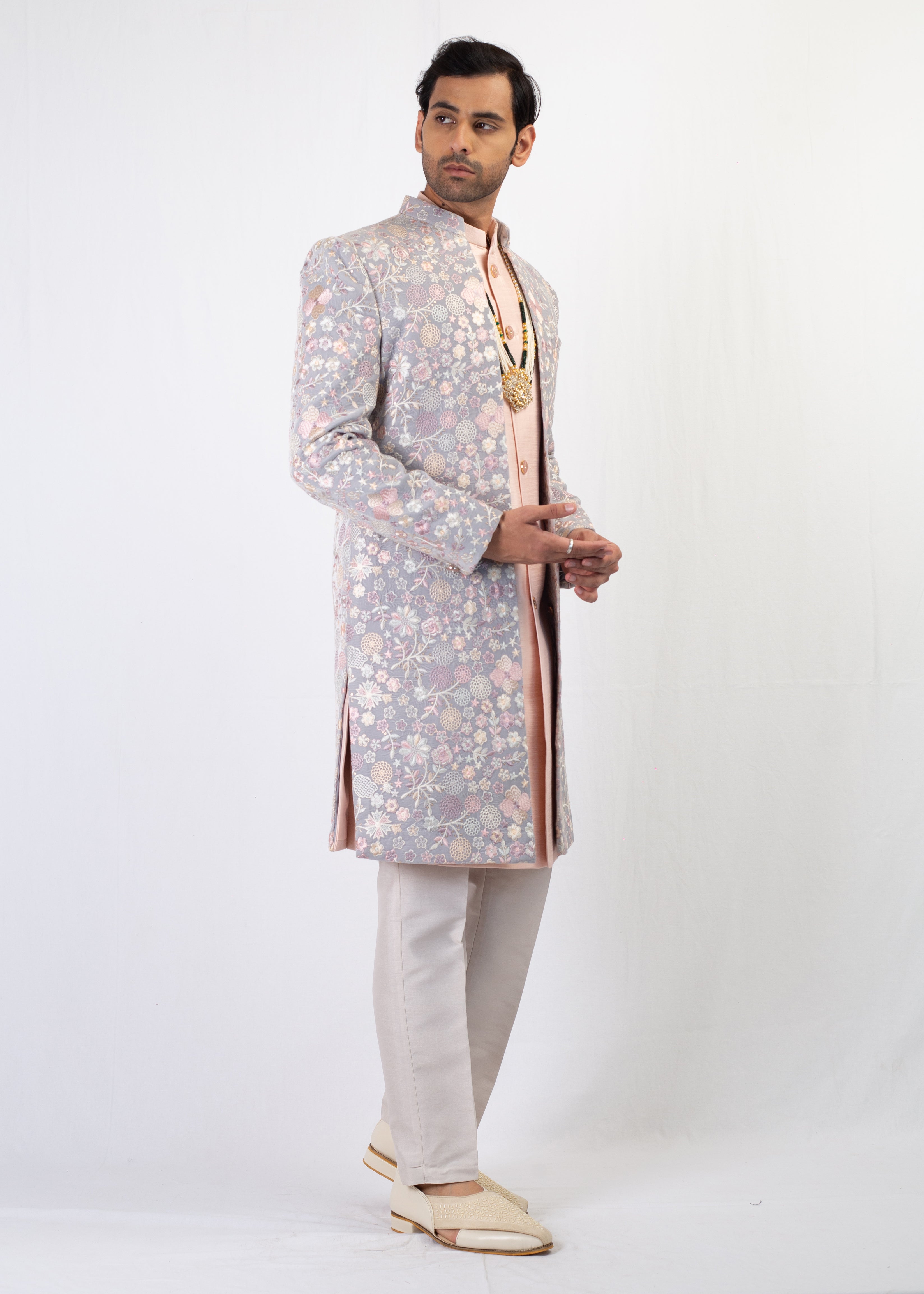 ELEGANT GREY AND PEACH EMBROIDERY SHERWANI AND KURTA WITH TROUSER