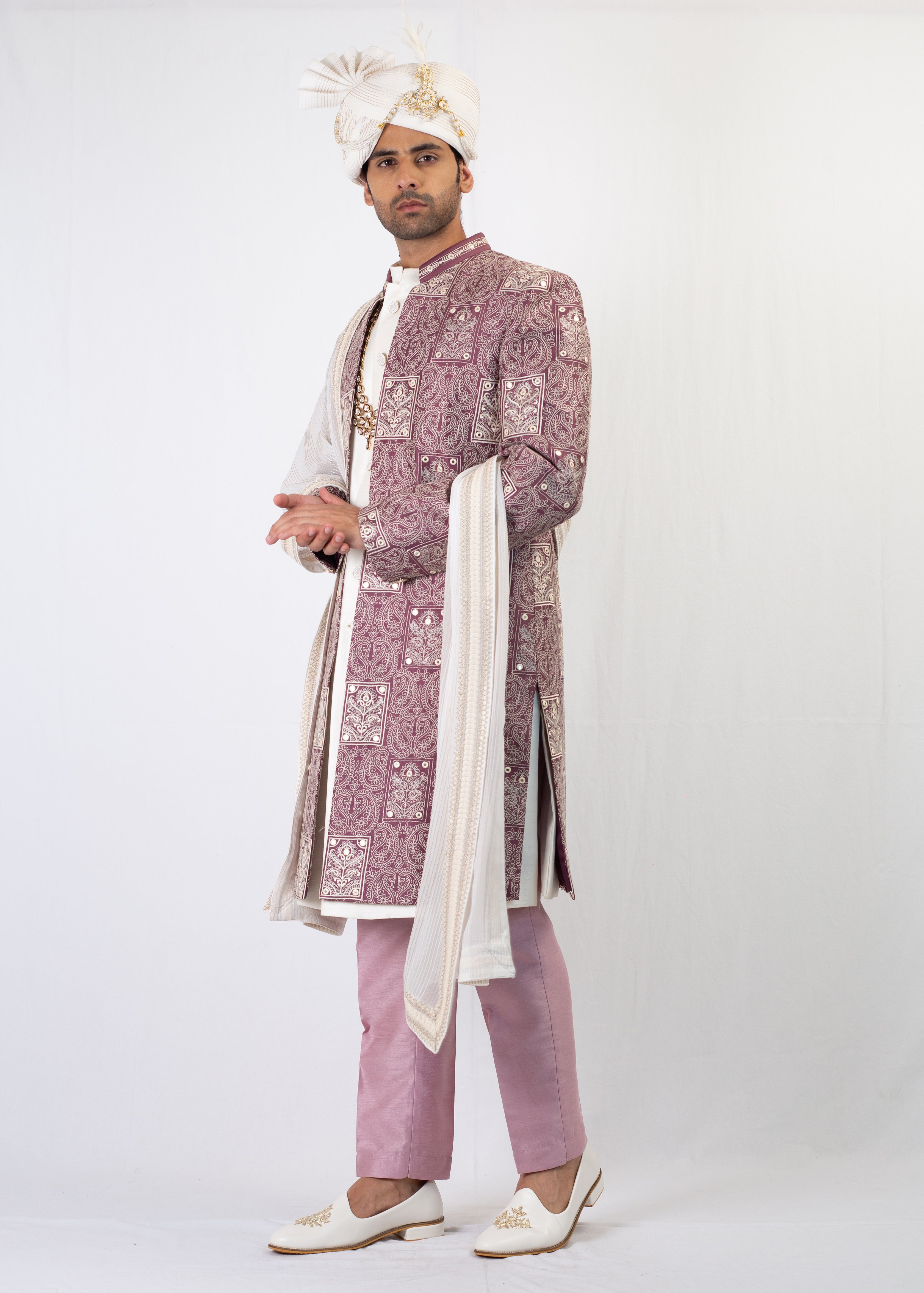ELEGANT MAUVE WITH WHITE SHERWANI AND KURTA WITH TROUSER