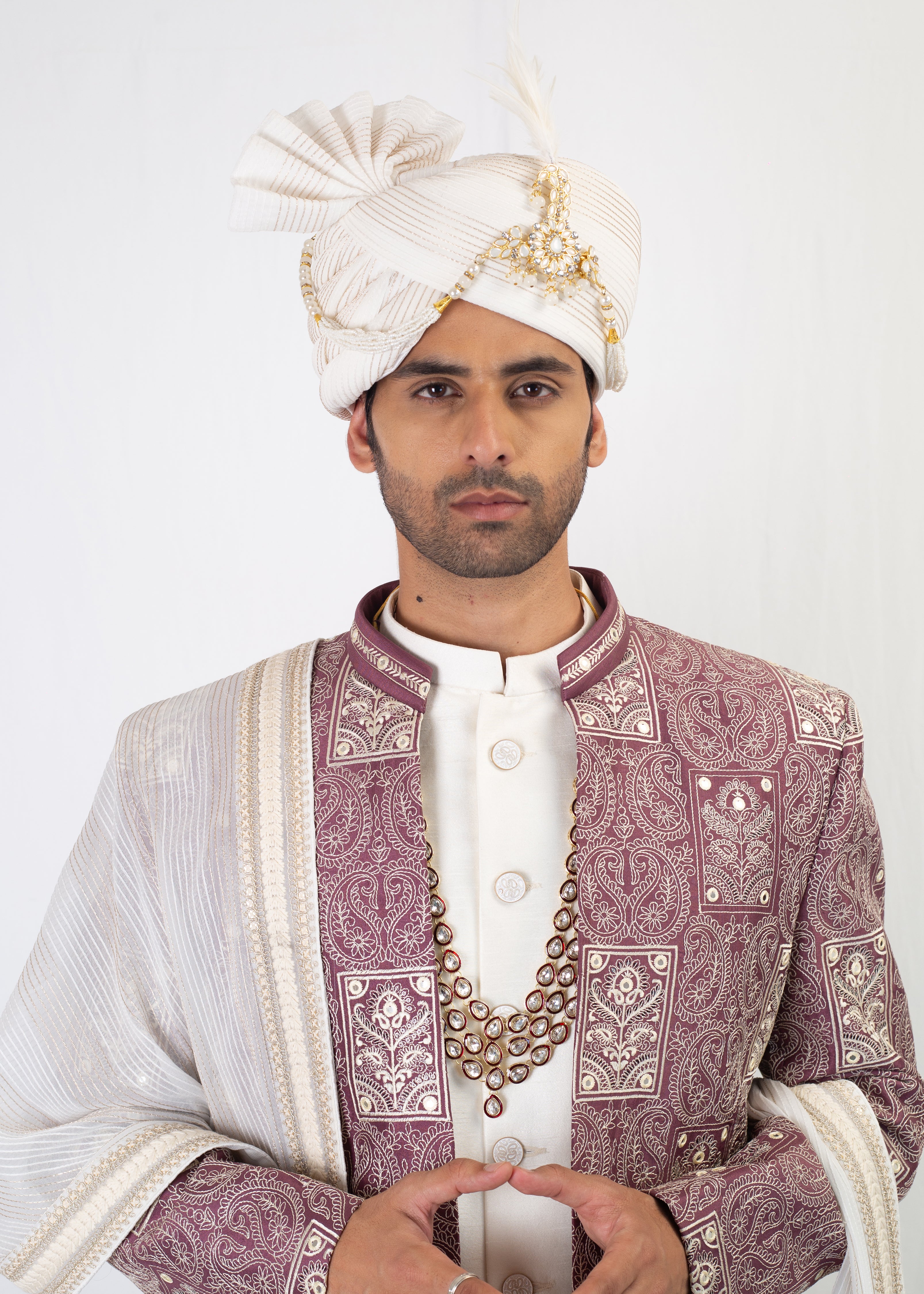 ELEGANT MAUVE WITH WHITE SHERWANI AND KURTA WITH TROUSER