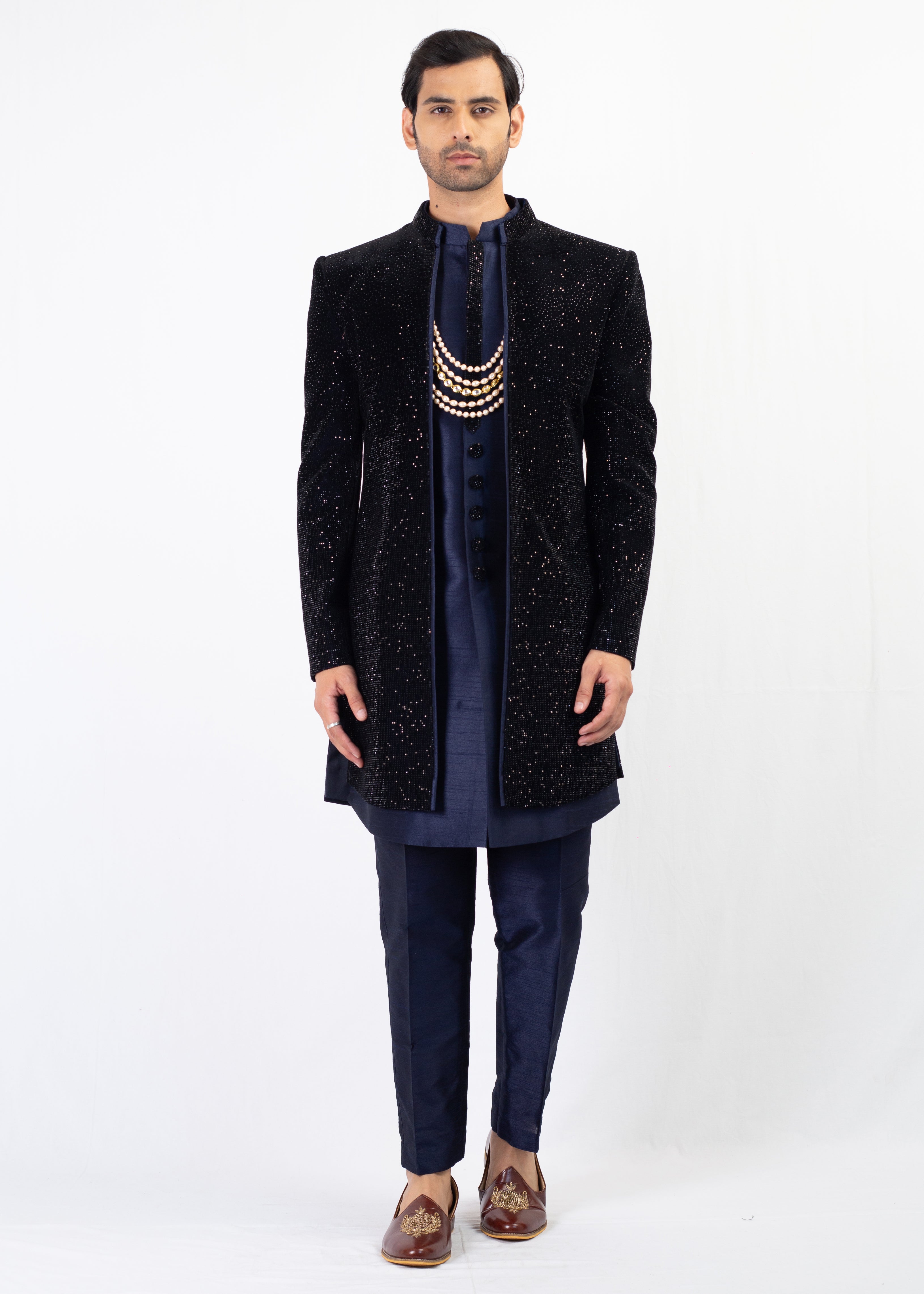 BLUE WITH BLACK ELEGANT SHERWANI AND KURTA WITH TROUSER