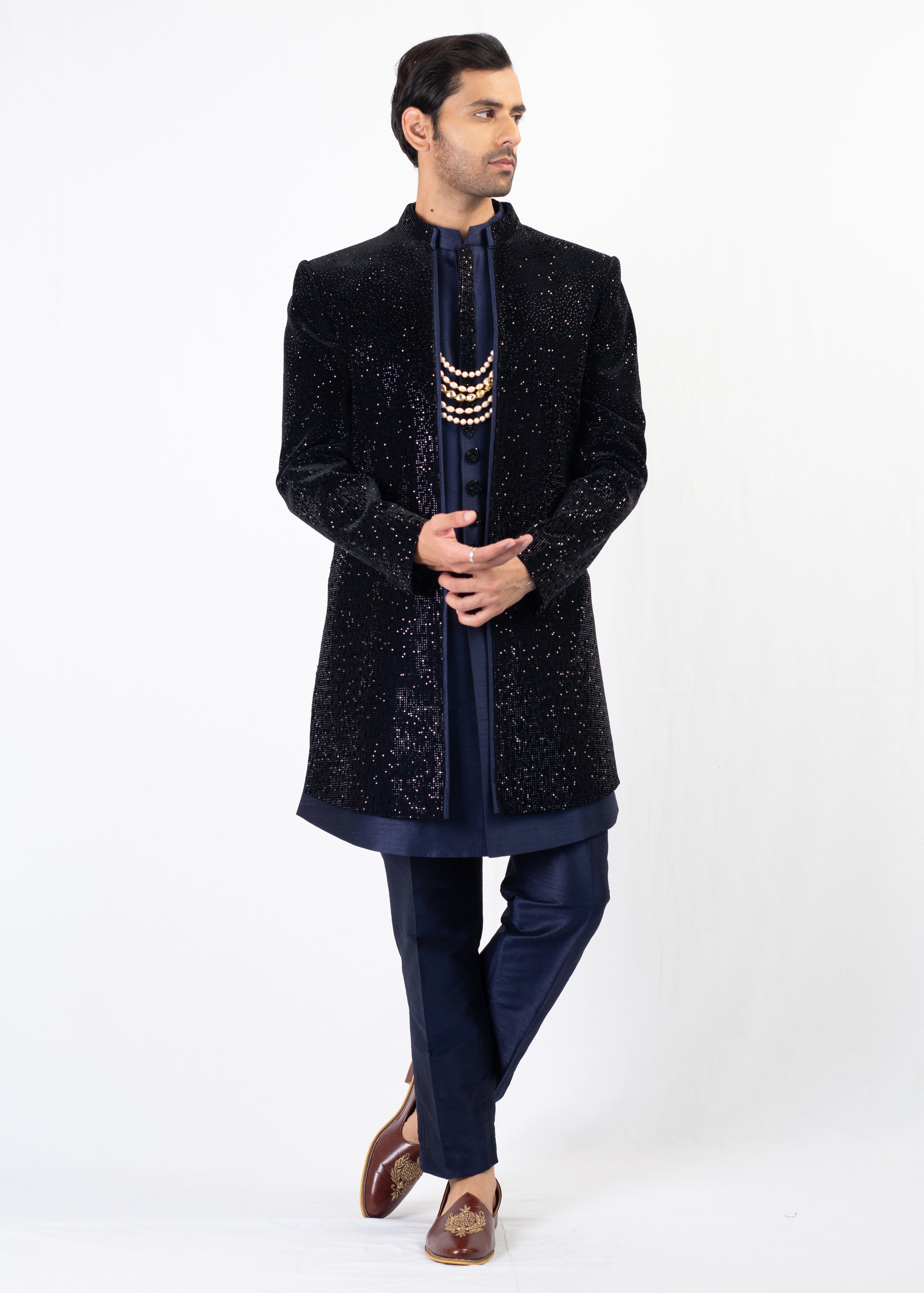 BLUE WITH BLACK ELEGANT SHERWANI AND KURTA WITH TROUSER