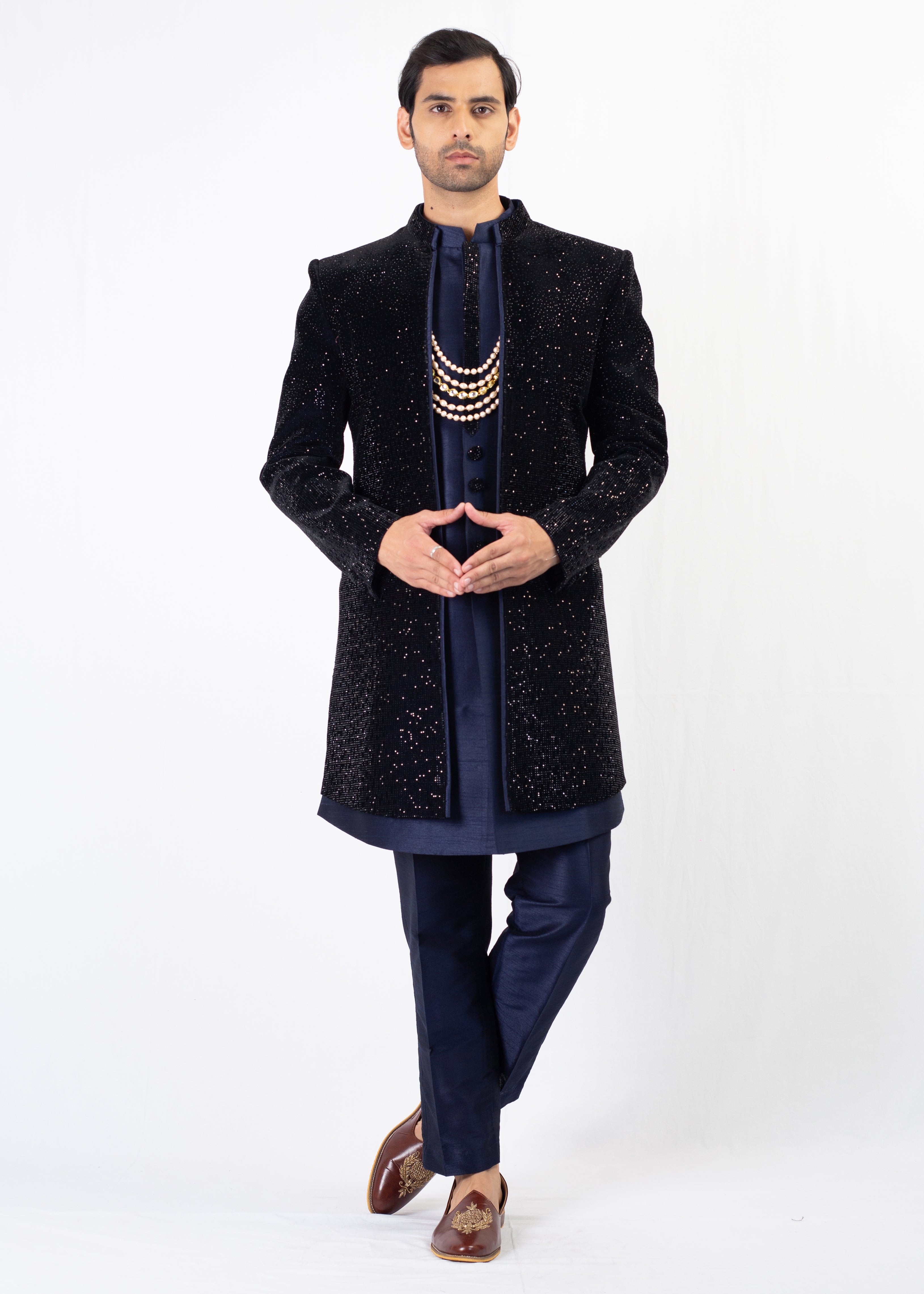 BLUE WITH BLACK ELEGANT SHERWANI AND KURTA WITH TROUSER