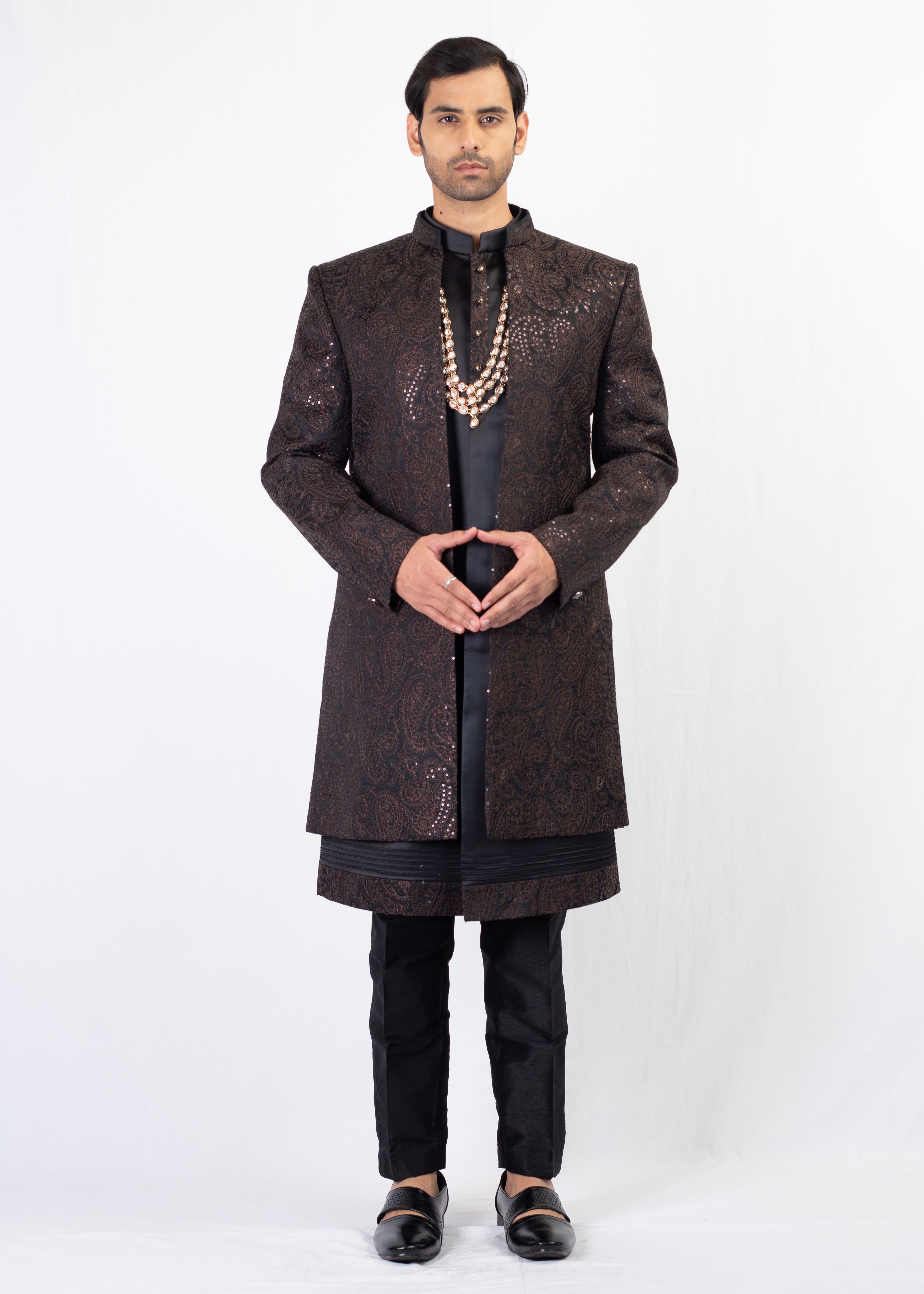 BLACK ELEGANT EMBROIDERY SHERWANI AND KURTA WITH TROUSER