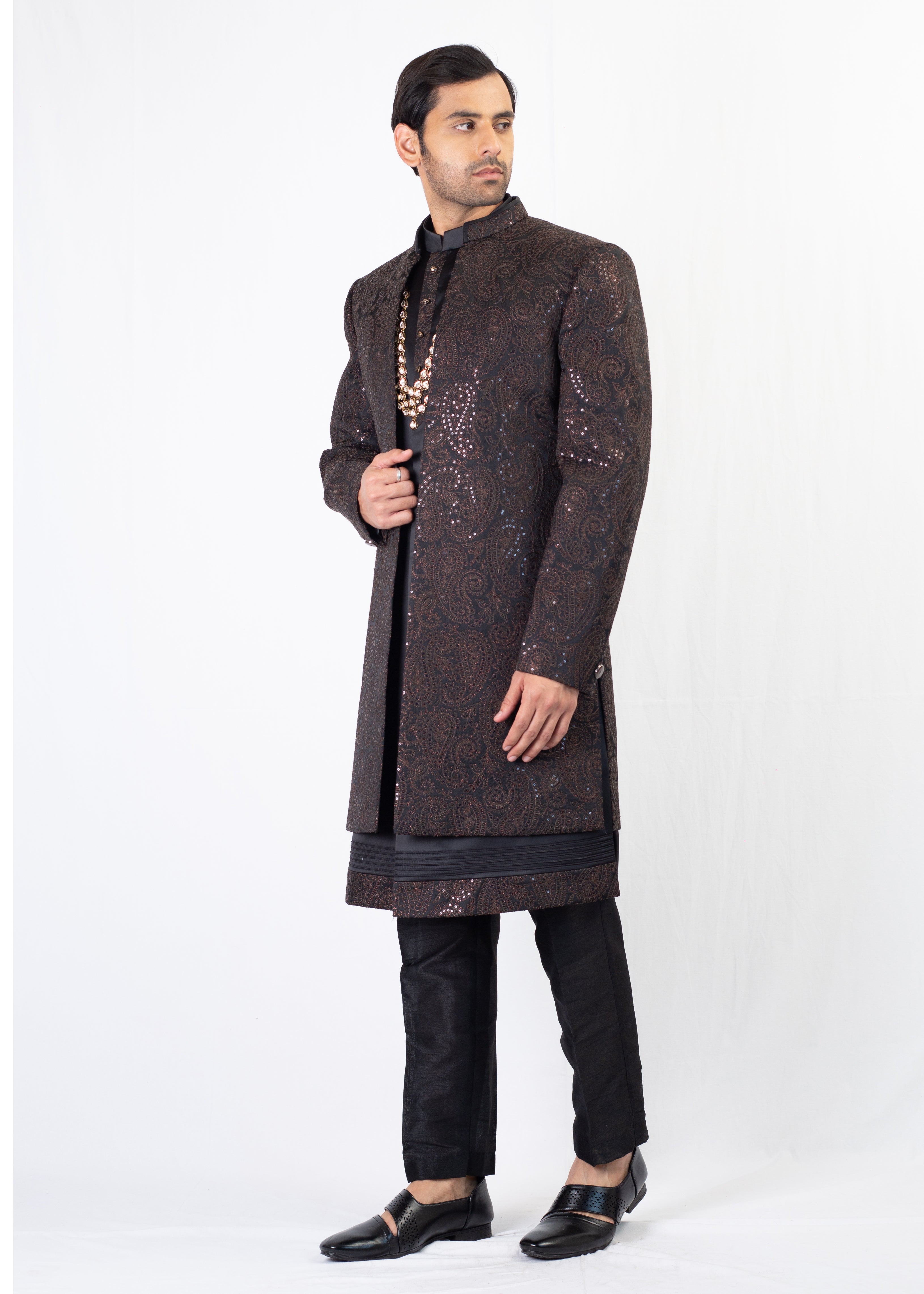 BLACK ELEGANT EMBROIDERY SHERWANI AND KURTA WITH TROUSER