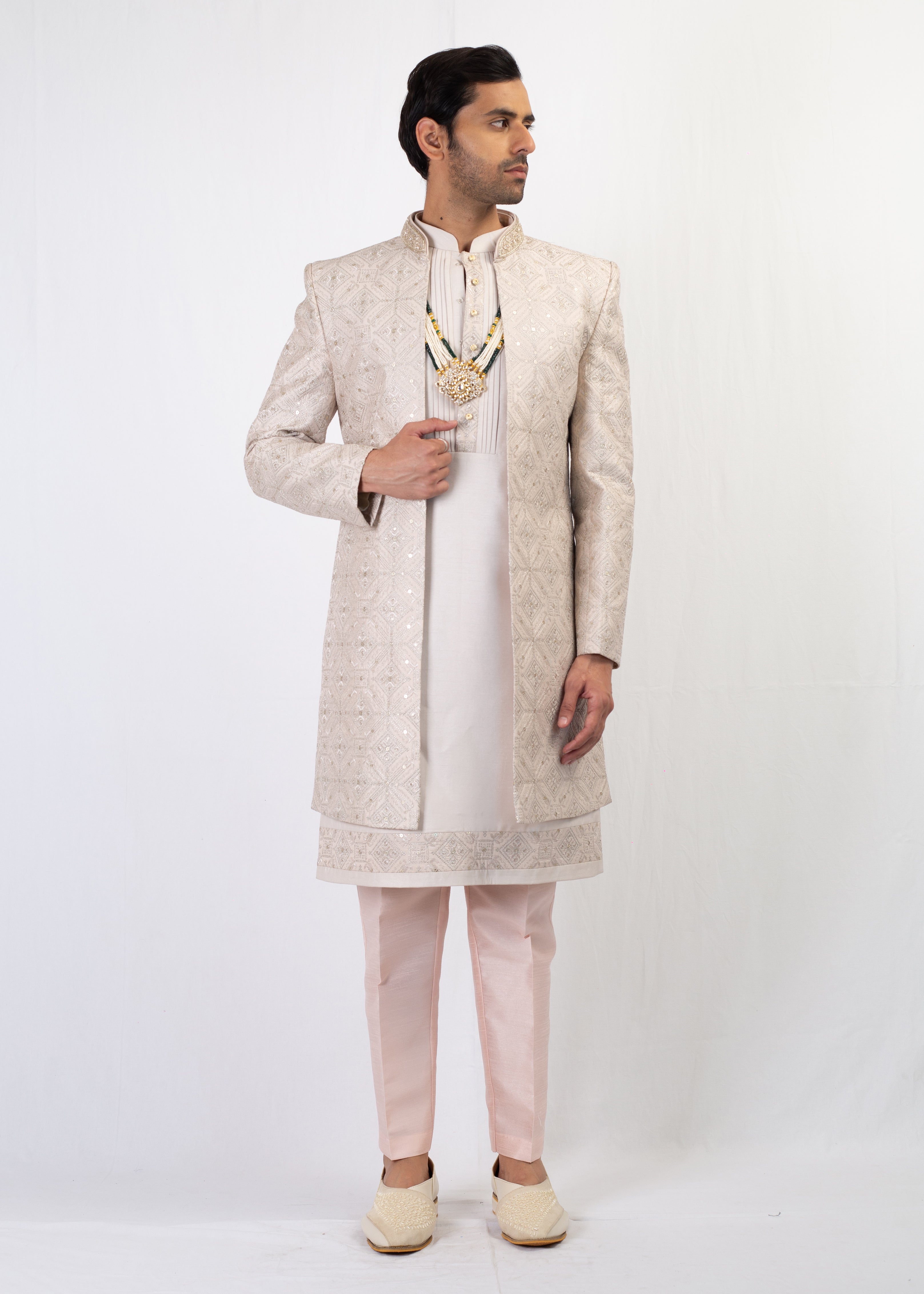 LIGHT GOLD EMBROIDERY SHERWANI & KURTA WITH TROUSER