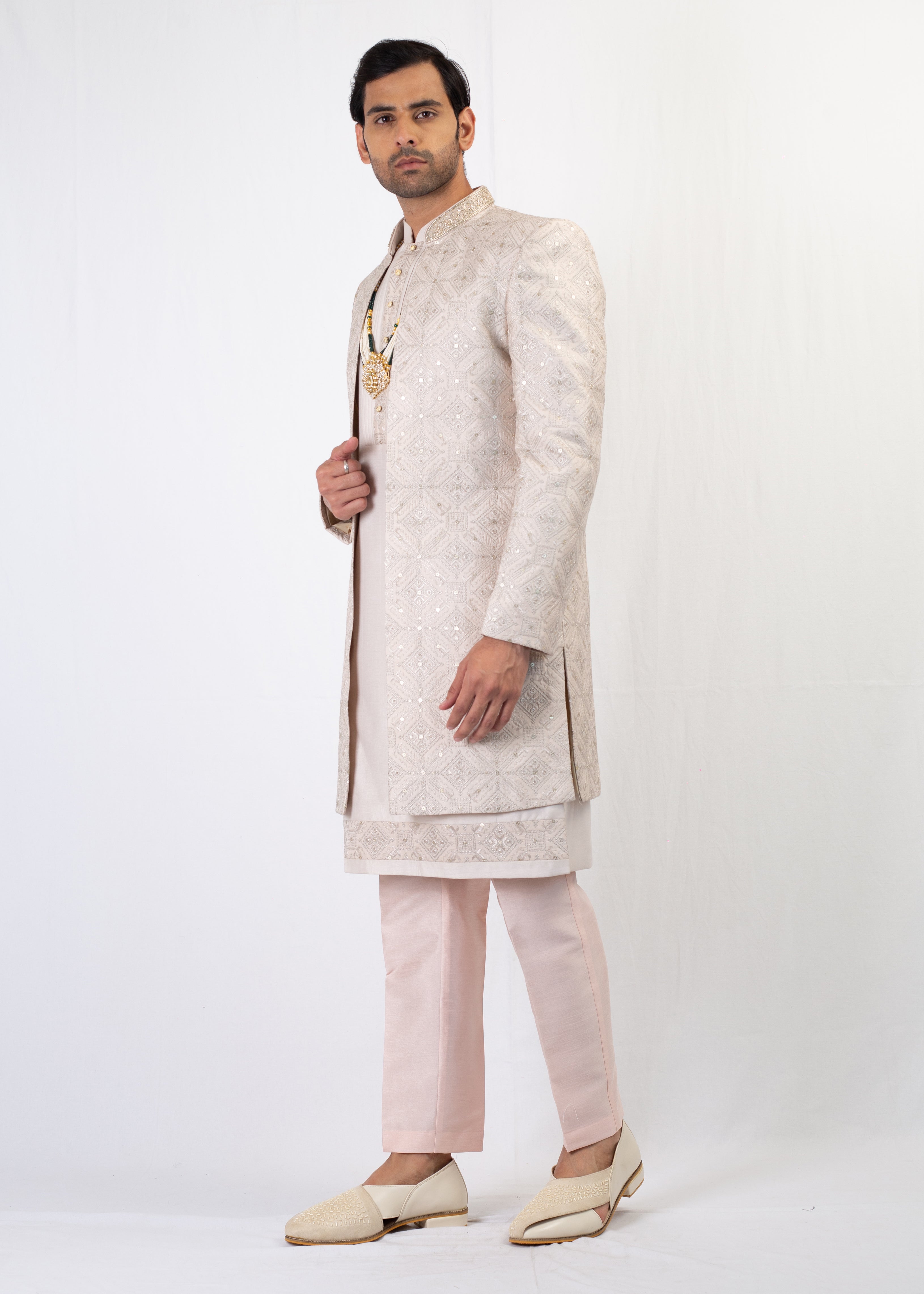 LIGHT GOLD EMBROIDERY SHERWANI & KURTA WITH TROUSER