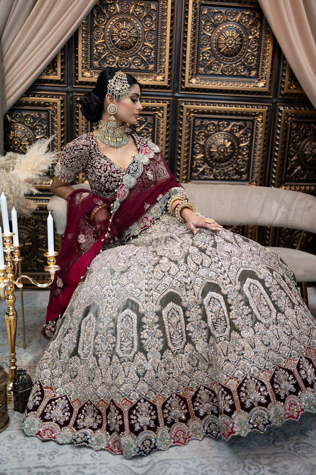 Mehendi Green Embroidered Velvet Lehenga with Maroon Top