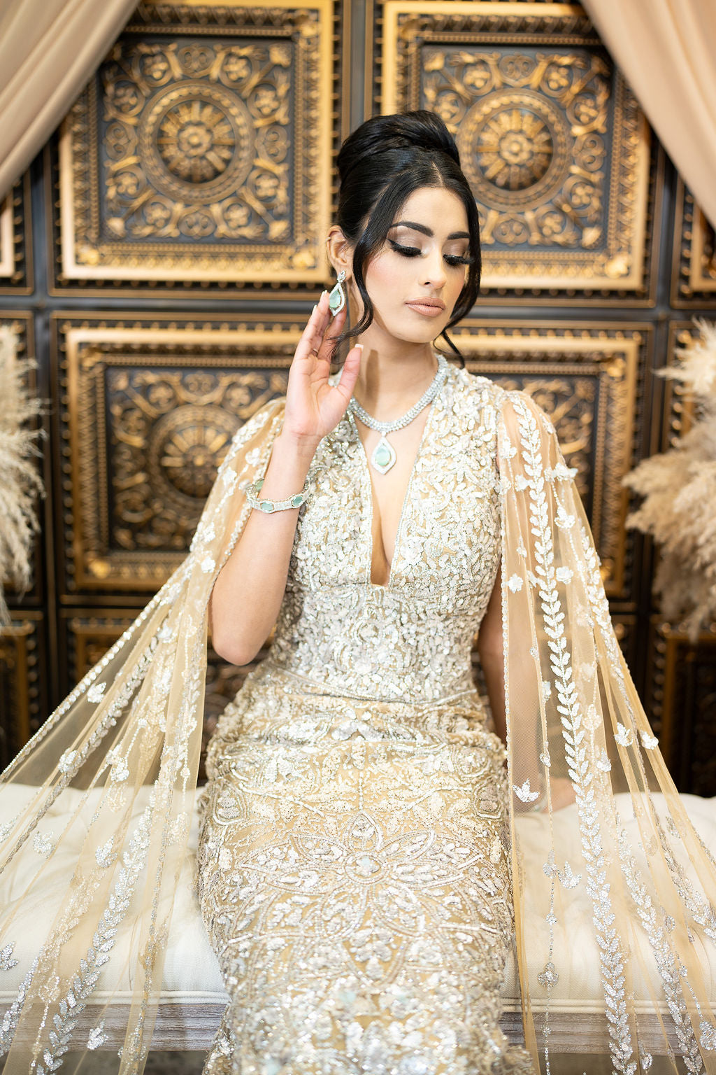Gold Embroidered Gown with Drapes