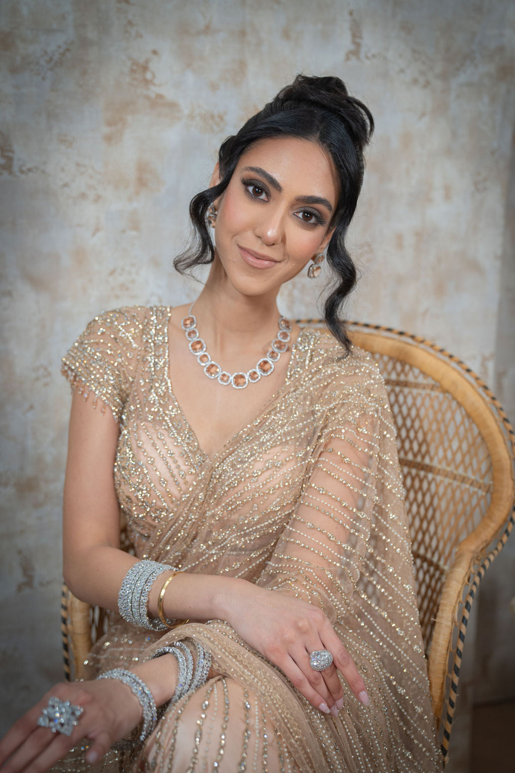 Nude Hand Embroidered Saree With Feathers