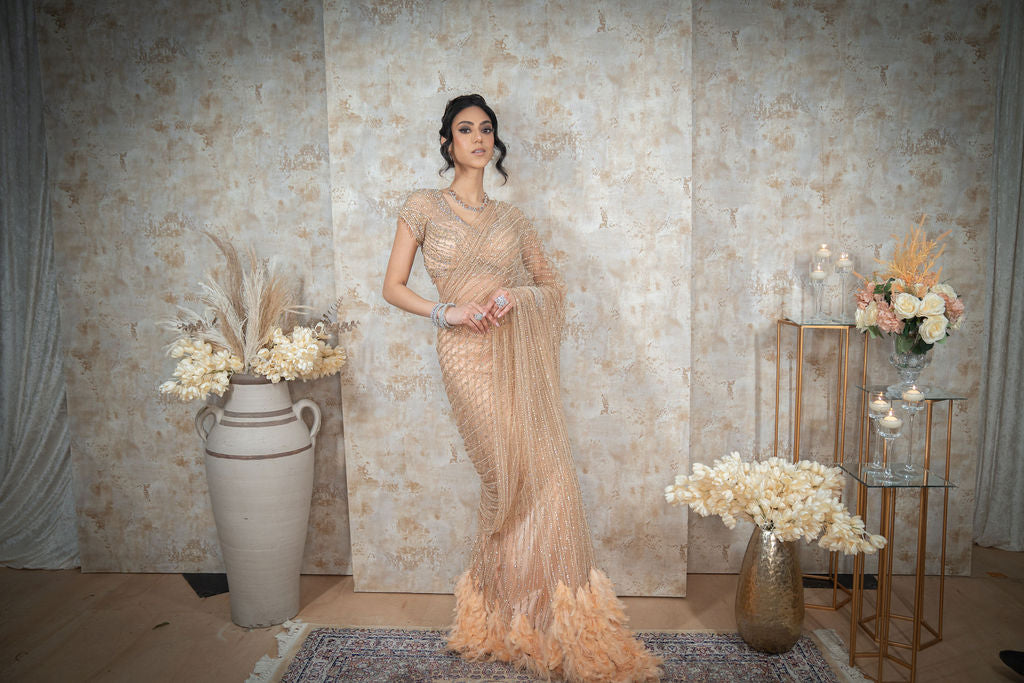 Nude Hand Embroidered Saree With Feathers