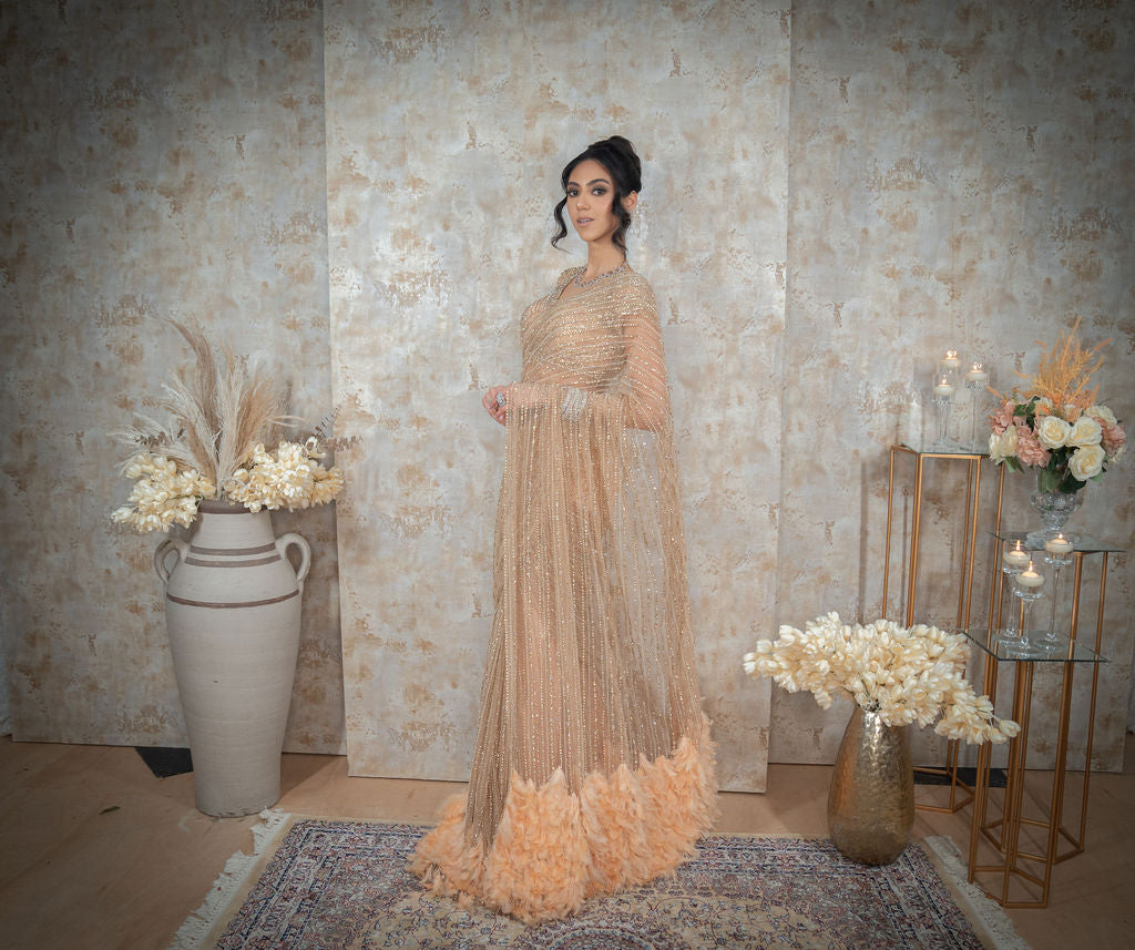Nude Hand Embroidered Saree With Feathers