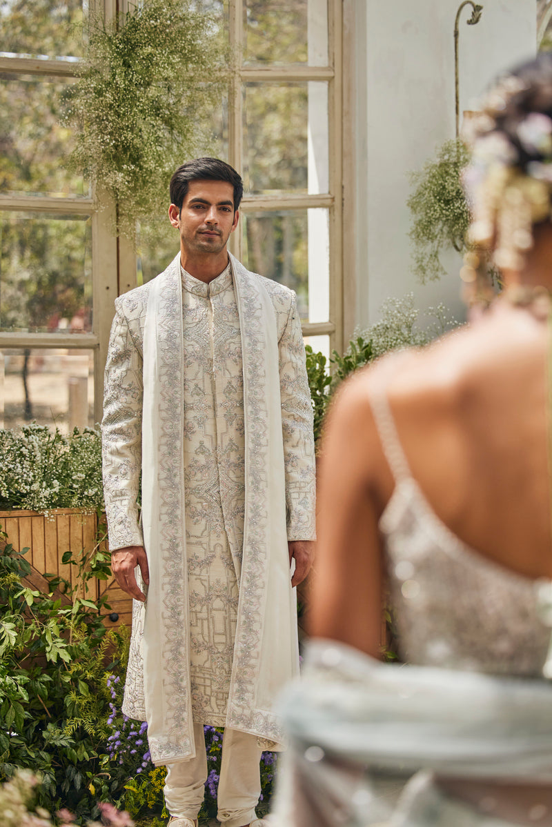 ELEGANT IVORY SHERWANI WITH TROUSER AND PALLA